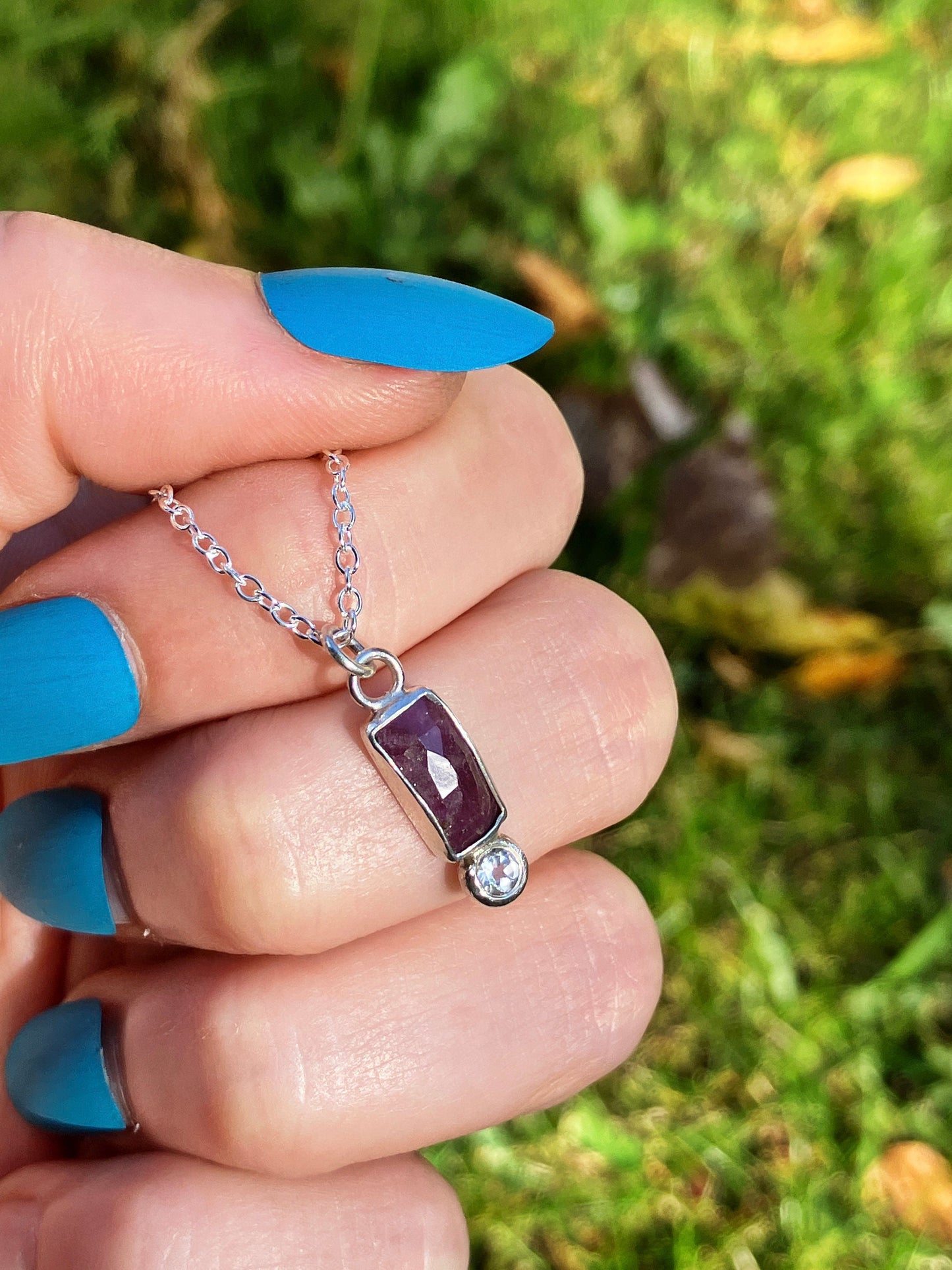 Pink Sapphire, White Sapphire and Sterling Silver Pendant Necklace on Chain