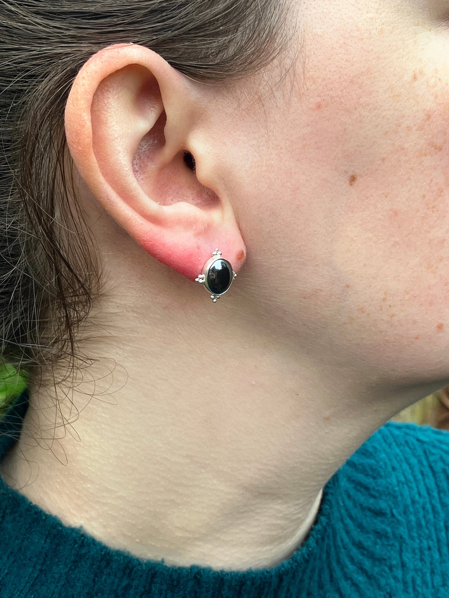 Hematite and Sterling Silver Stud Earrings with Granulation Detail