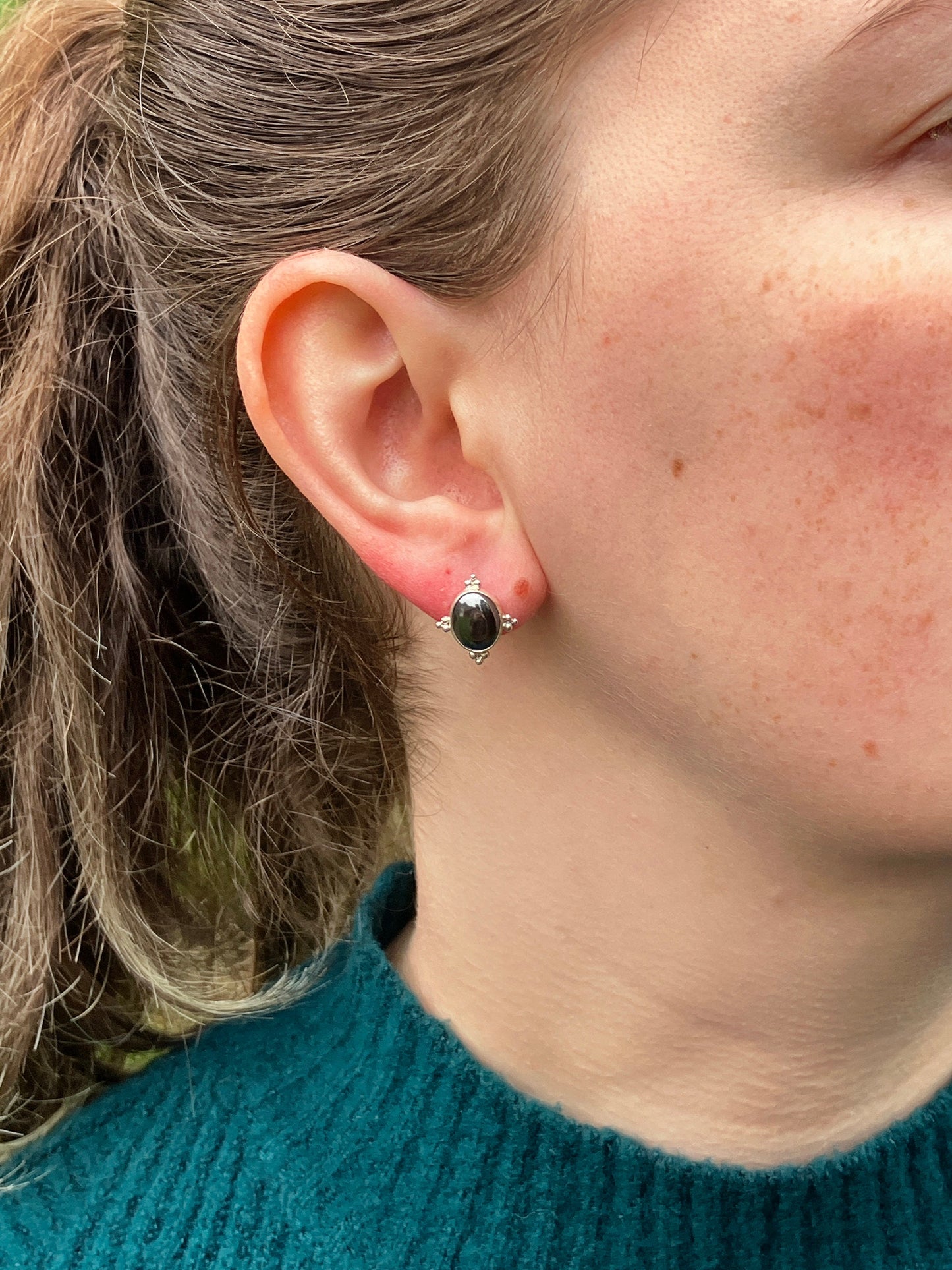 Hematite and Sterling Silver Stud Earrings with Granulation Detail