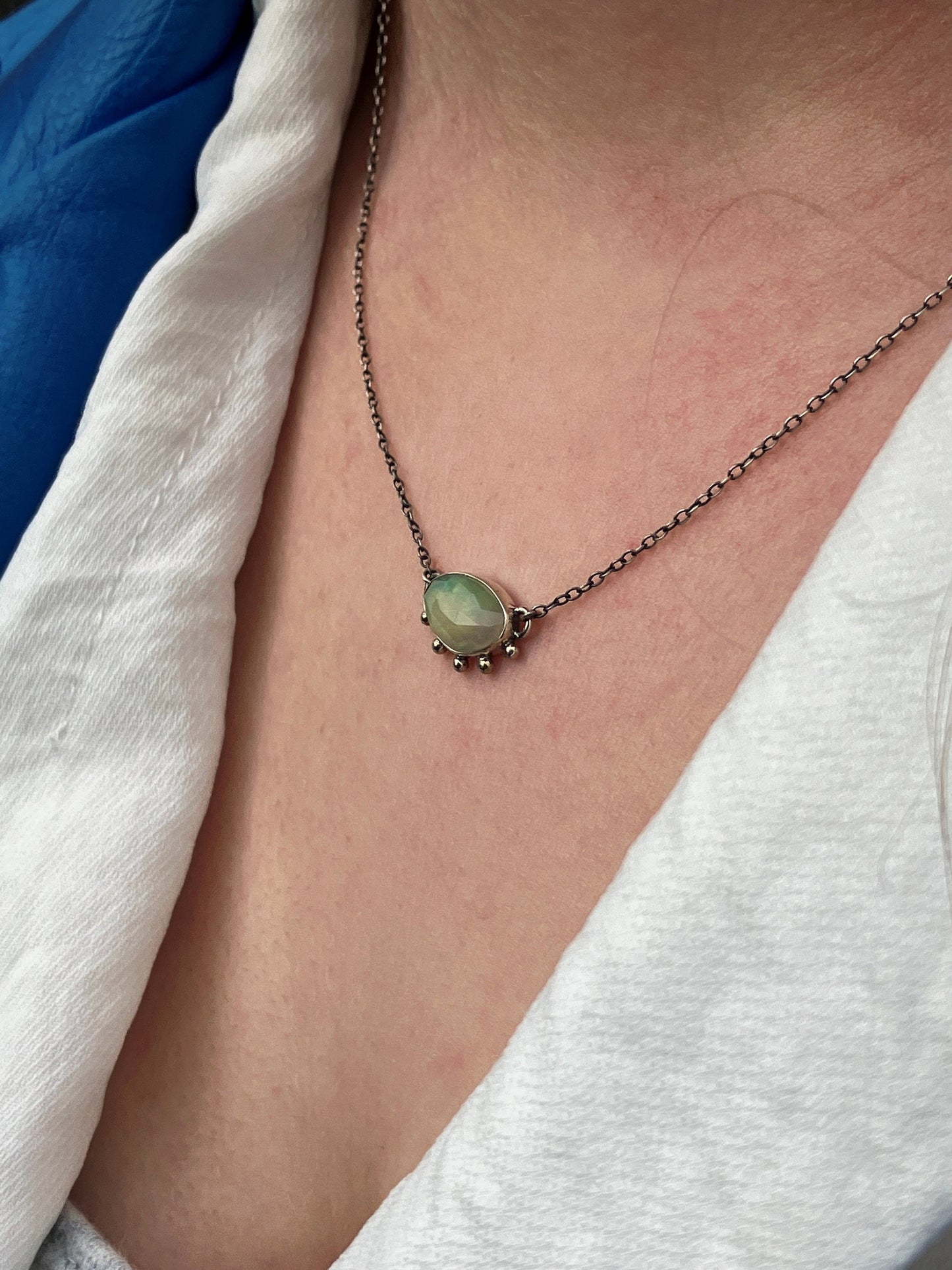 Opal and Recycled Sterling Silver Necklace with Granulation Details on Sterling Silver Chain