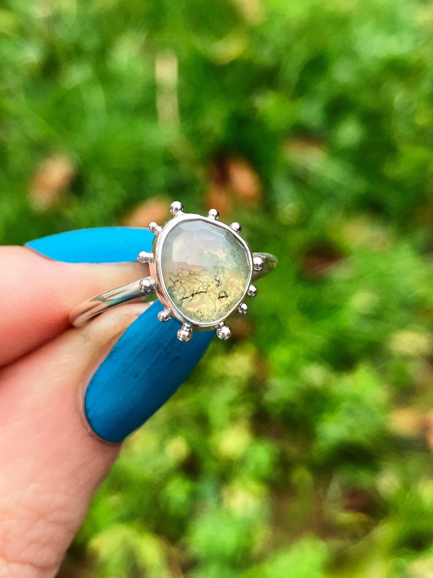 Moss Agate and Recycled Sterling Silver Ring with Granulation Detail - UK Size N