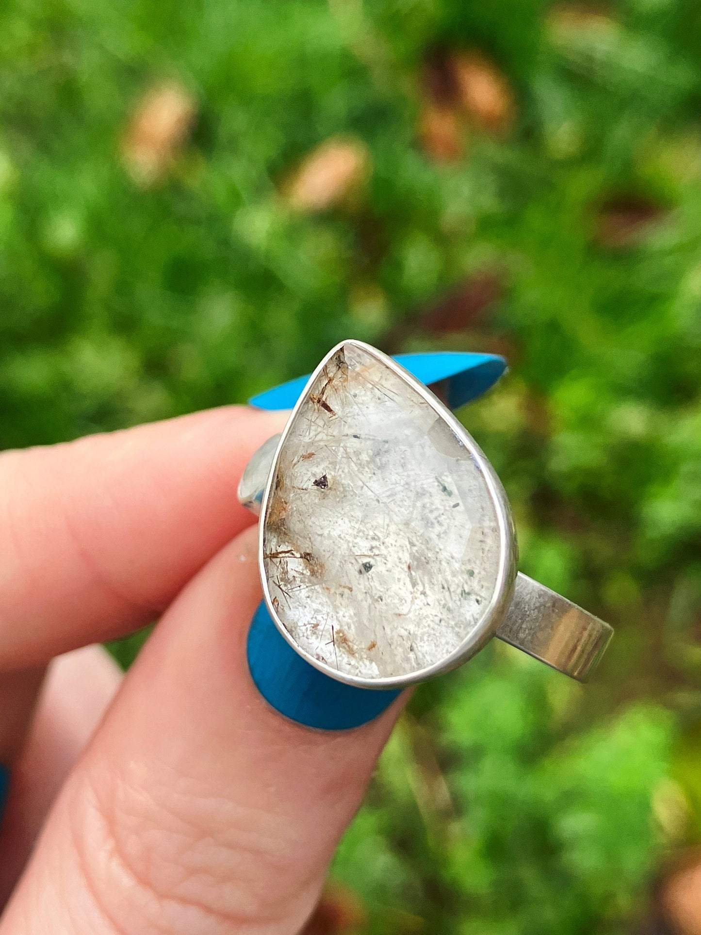 Rutilated Quartz, Rainbow Moonstone and Sterling Silver Ring - UK Size Q