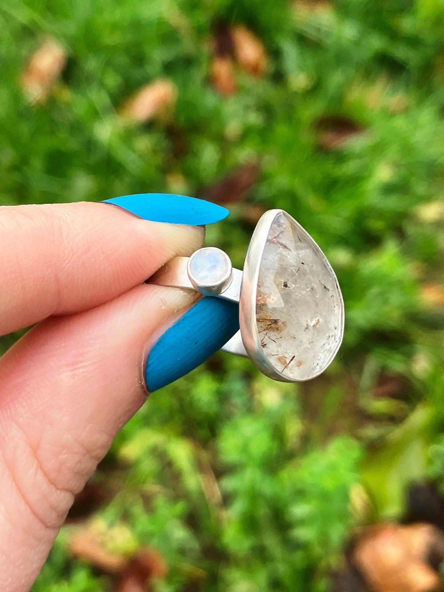 Rutilated Quartz, Rainbow Moonstone and Sterling Silver Ring - UK Size Q