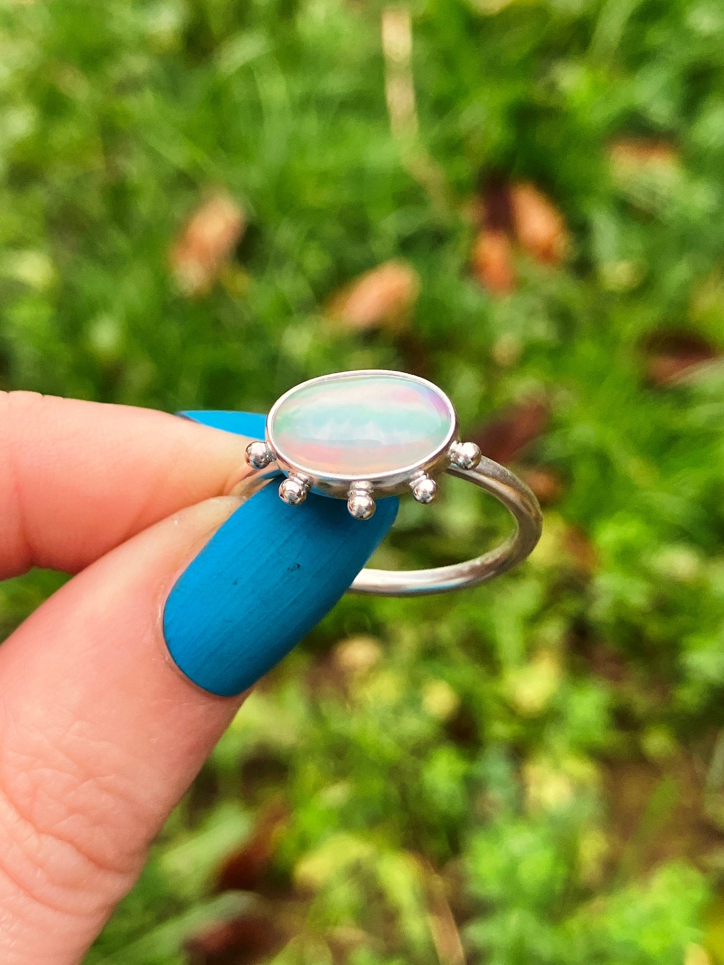 Opal and Sterling Silver Ring with Granulation Detail - UK Size R