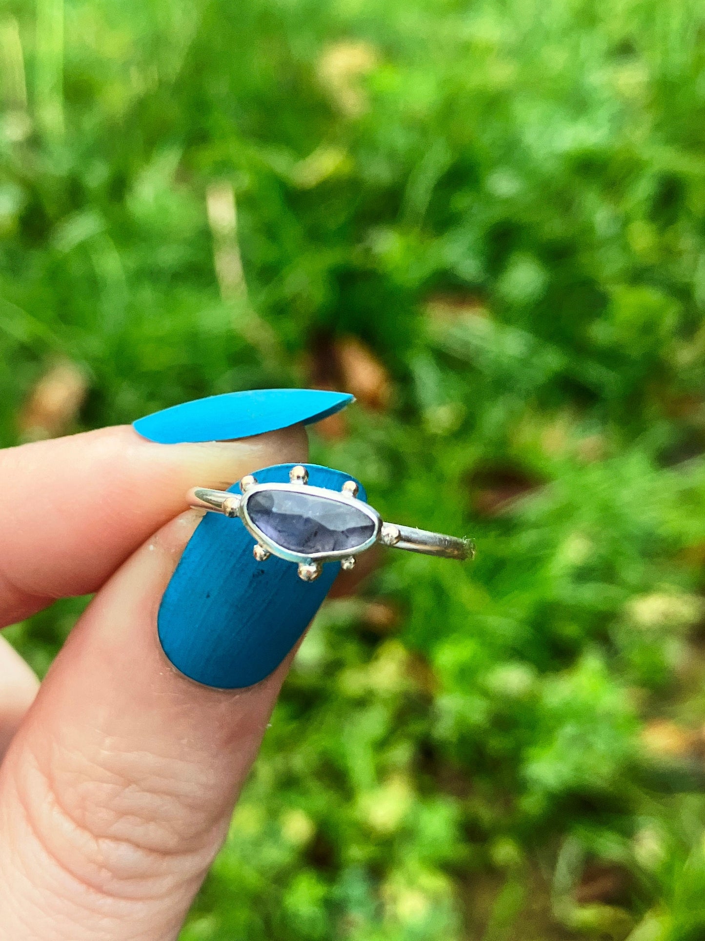 Iolite, 9ct Gold and Sterling Silver Ring with Granulation Details - UK Size O