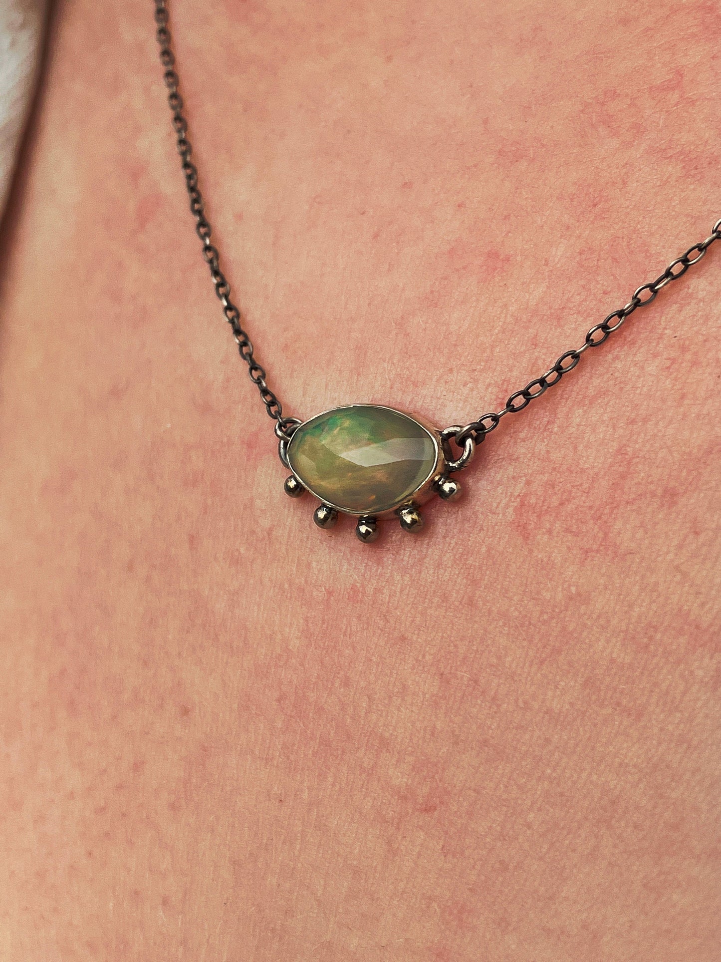 Opal and Recycled Sterling Silver Necklace with Granulation Details on Sterling Silver Chain