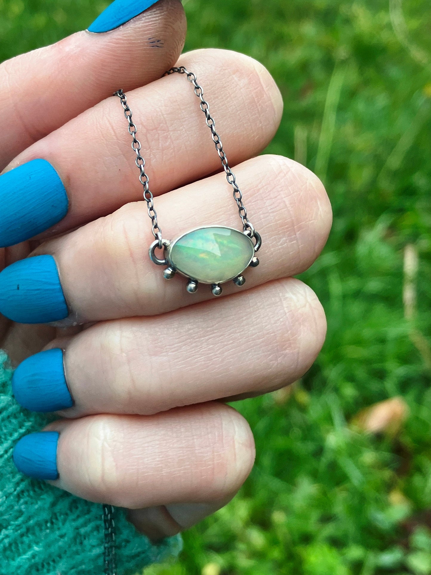 Opal and Recycled Sterling Silver Necklace with Granulation Details on Sterling Silver Chain