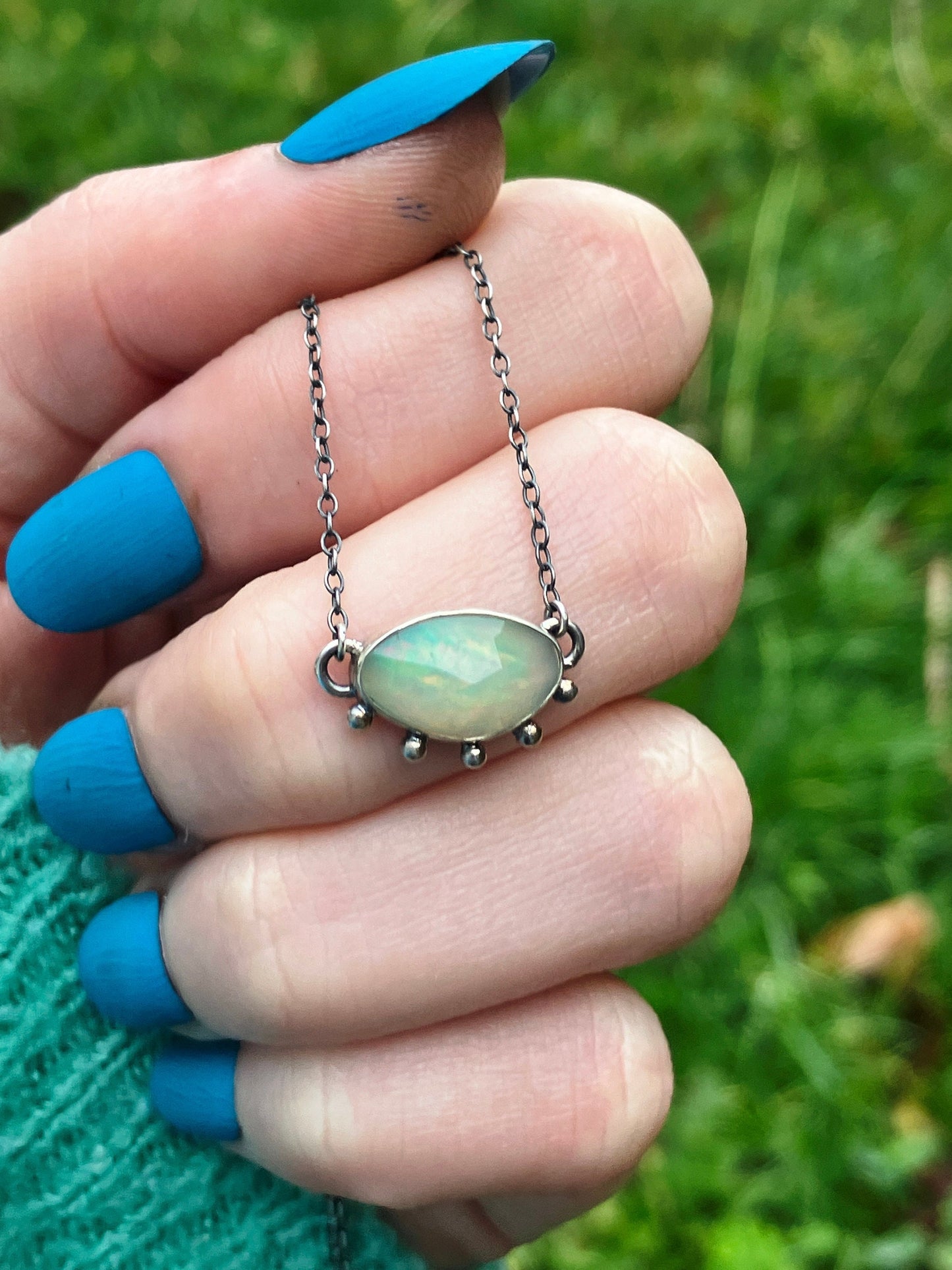 Opal and Recycled Sterling Silver Necklace with Granulation Details on Sterling Silver Chain