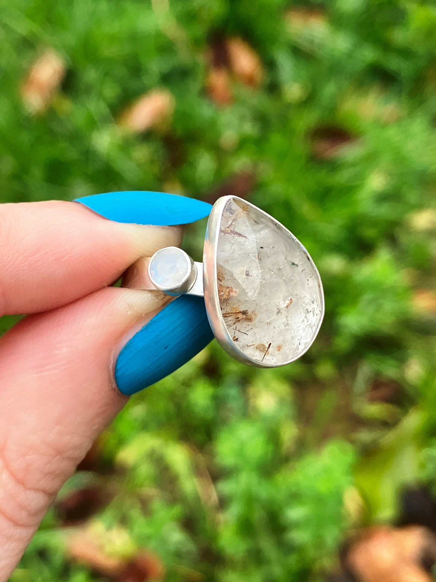 Rutilated Quartz, Rainbow Moonstone and Sterling Silver Ring - UK Size Q