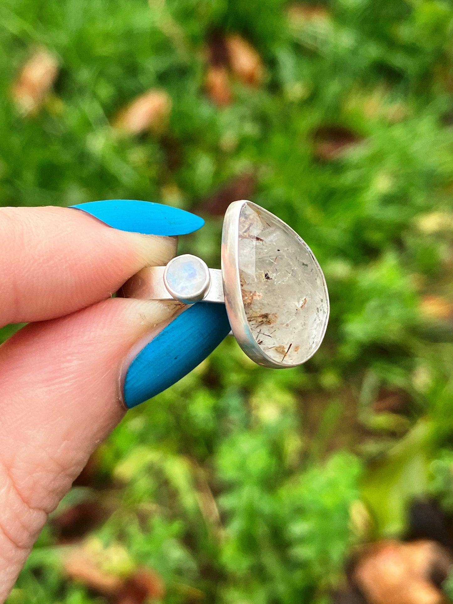 Rutilated Quartz, Rainbow Moonstone and Sterling Silver Ring - UK Size Q