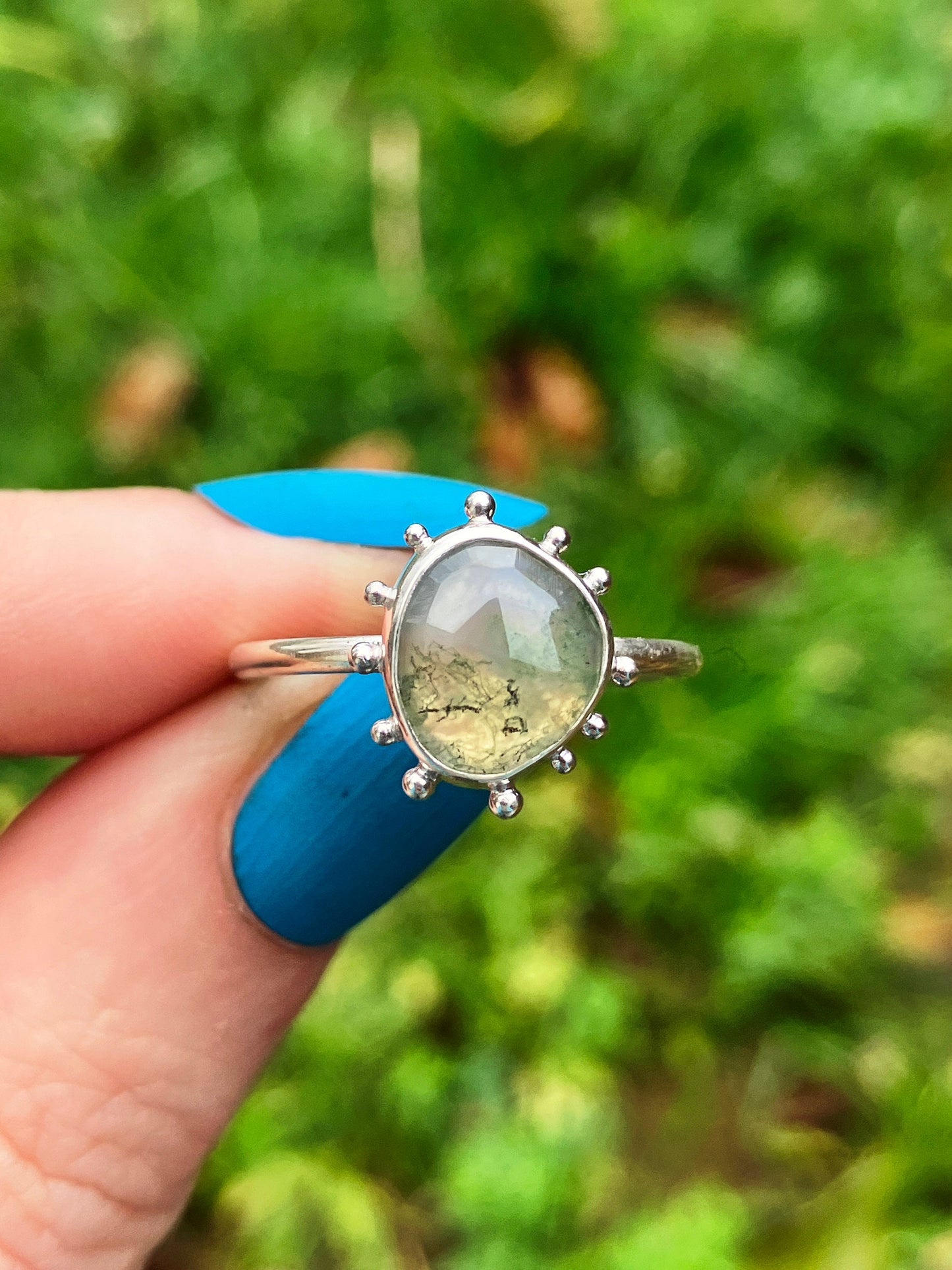 Moss Agate and Recycled Sterling Silver Ring with Granulation Detail - UK Size N