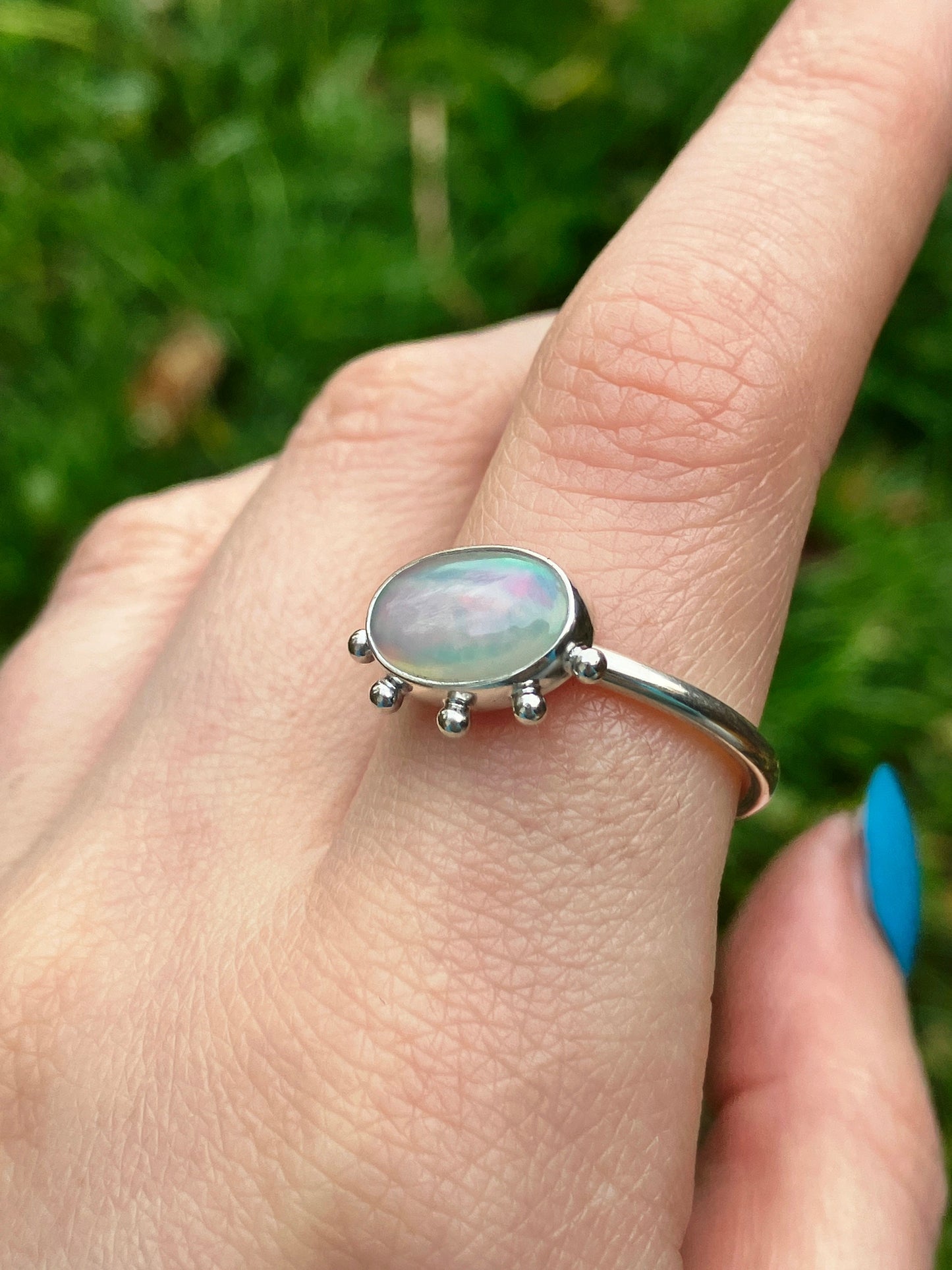 Opal and Sterling Silver Ring with Granulation Detail - UK Size R