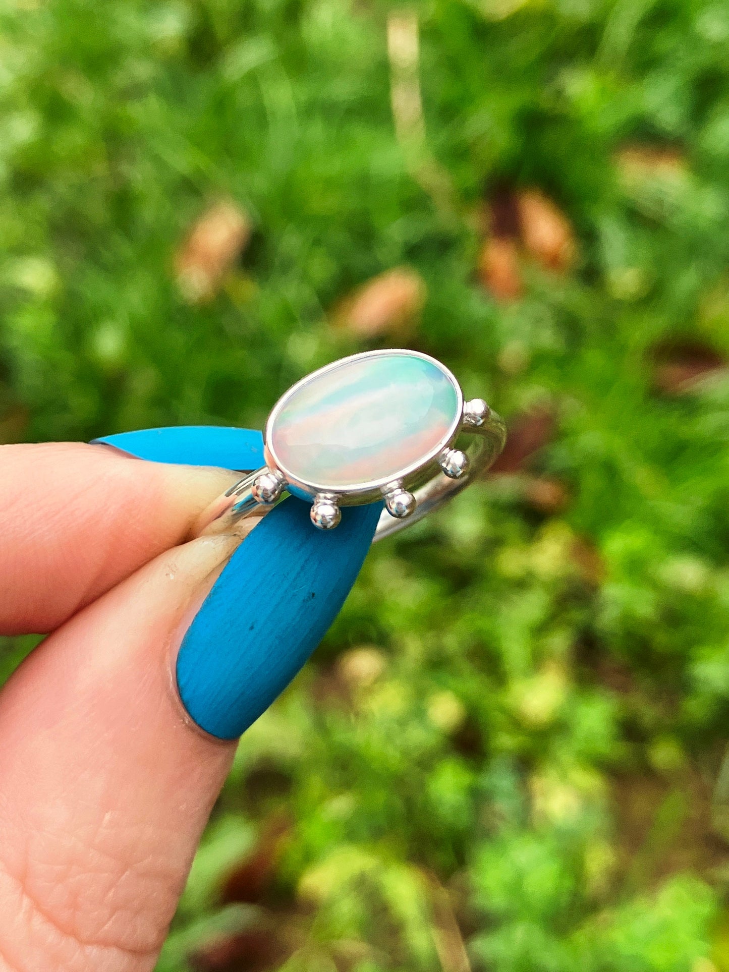 Opal and Sterling Silver Ring with Granulation Detail - UK Size R