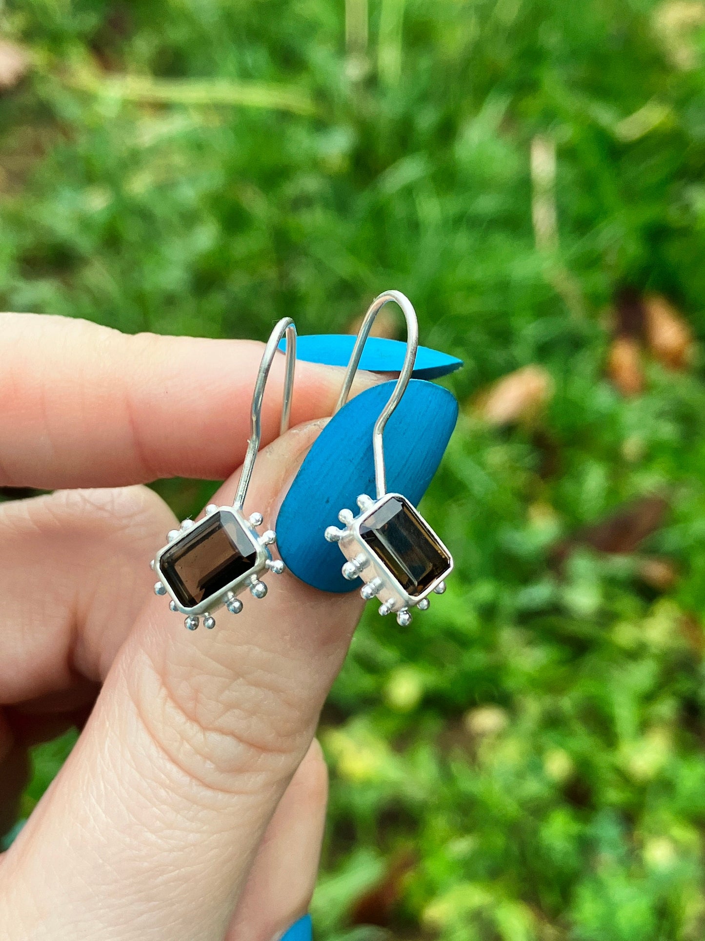 Smoky Quartz and Sterling Silver Granulation Dangly Earrings