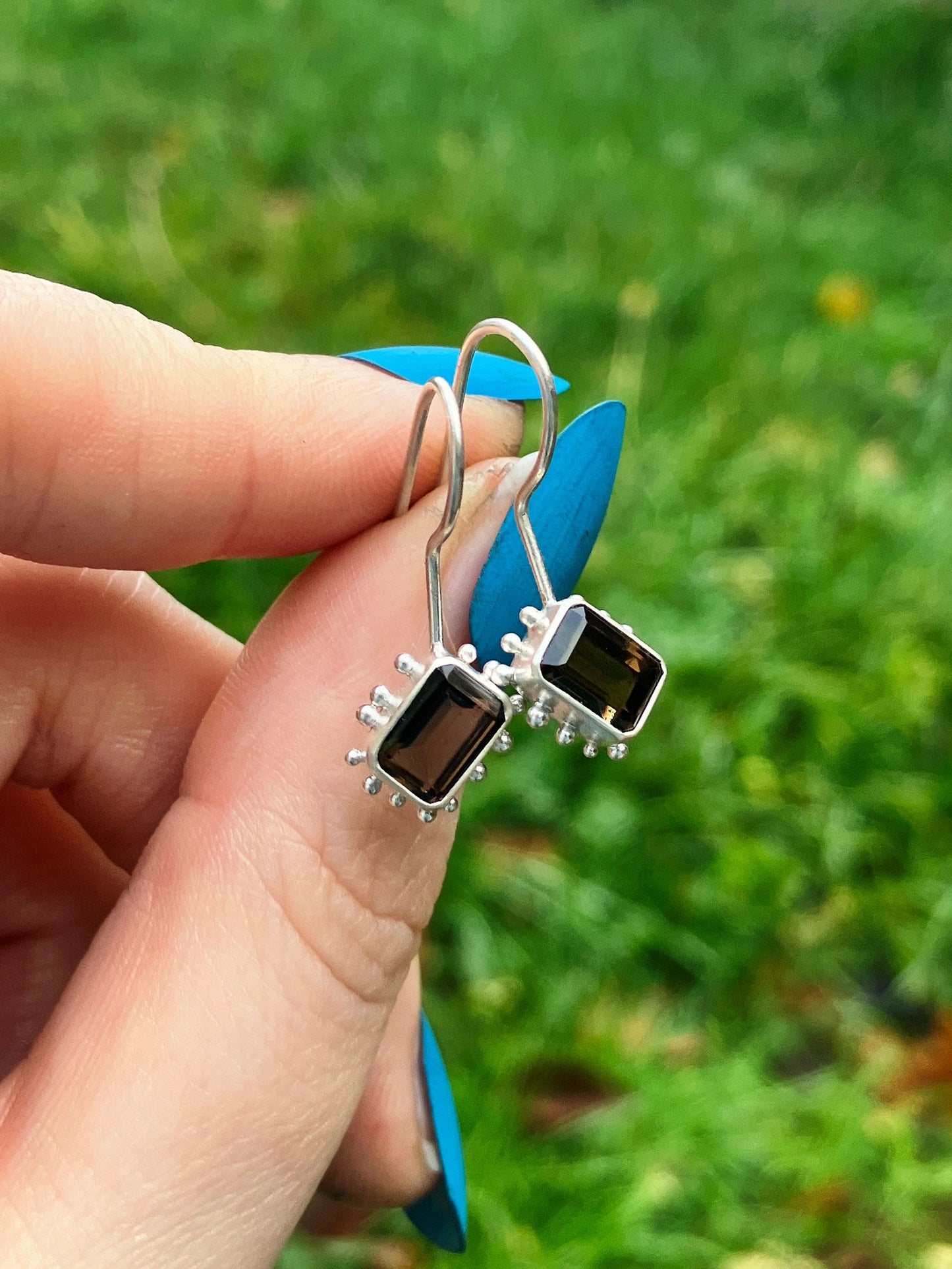 Smoky Quartz and Sterling Silver Granulation Dangly Earrings