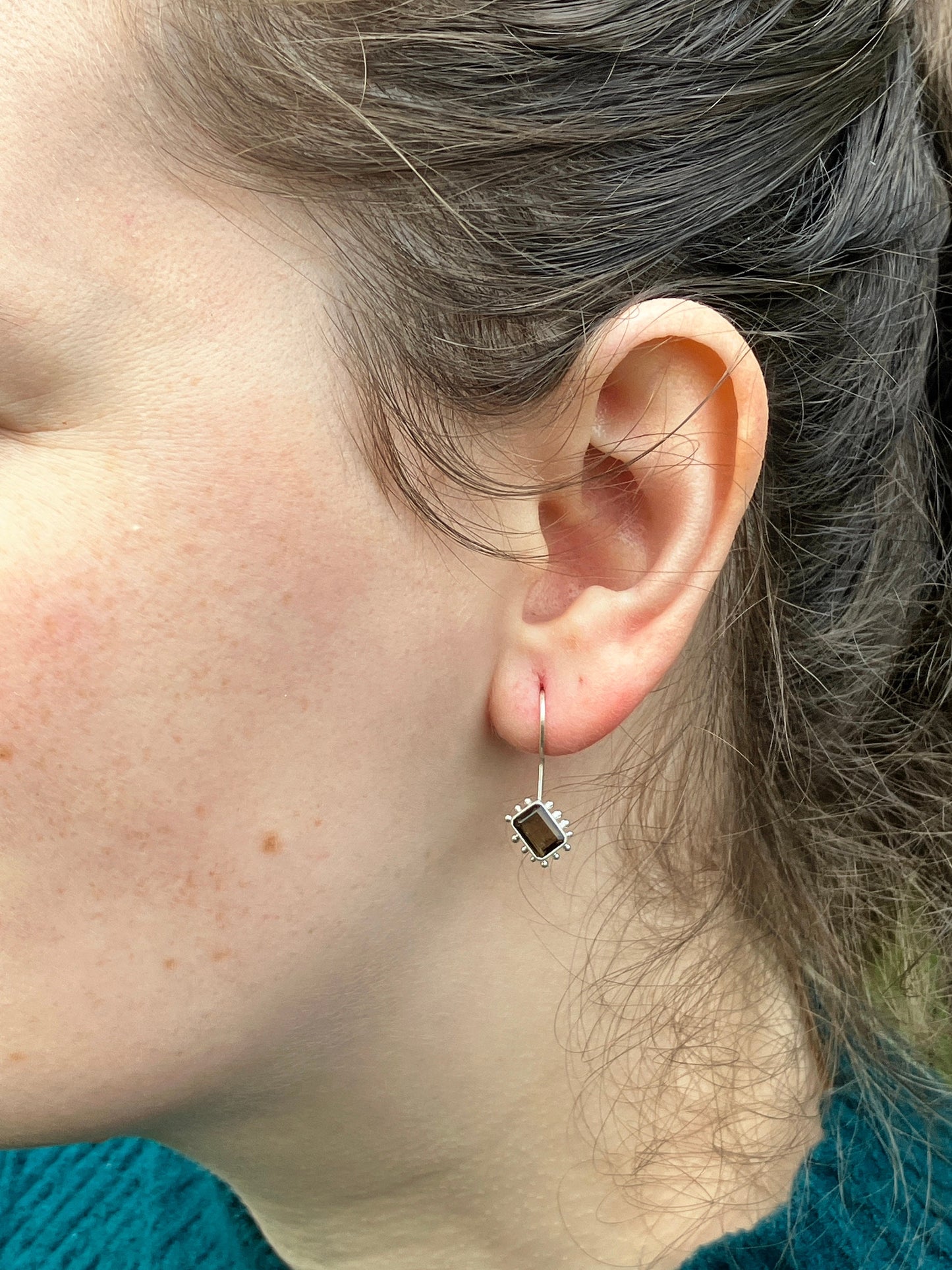 Smoky Quartz and Sterling Silver Granulation Dangly Earrings