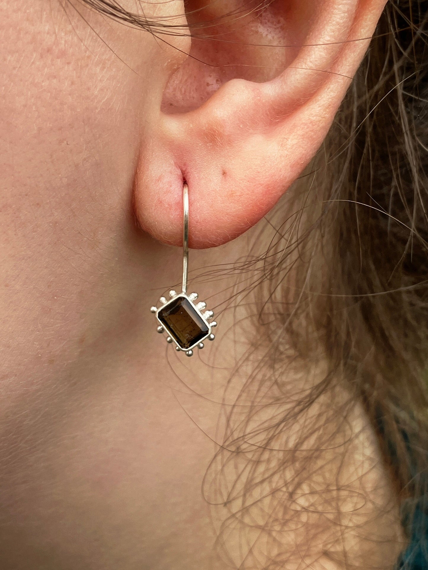 Smoky Quartz and Sterling Silver Granulation Dangly Earrings
