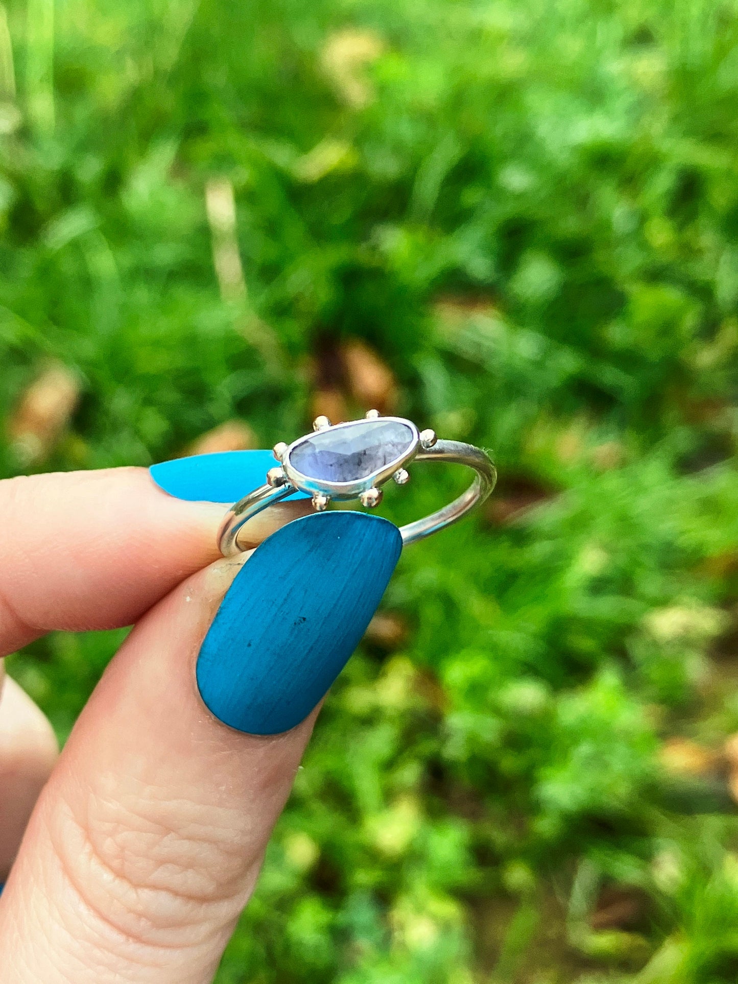 Iolite, 9ct Gold and Sterling Silver Ring with Granulation Details - UK Size O