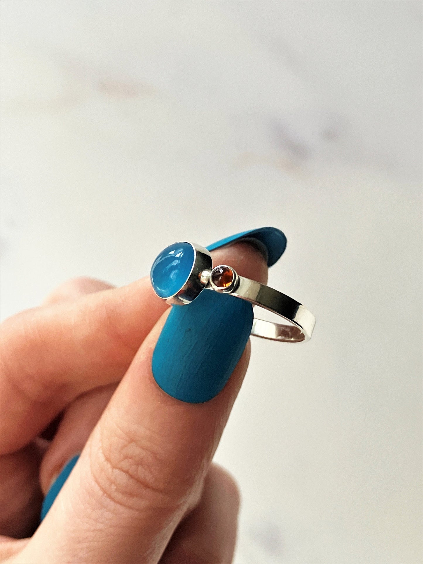 Bluebird - Blue Chalcedony, Citrine and Sterling Silver Ring - UK Size P1/2