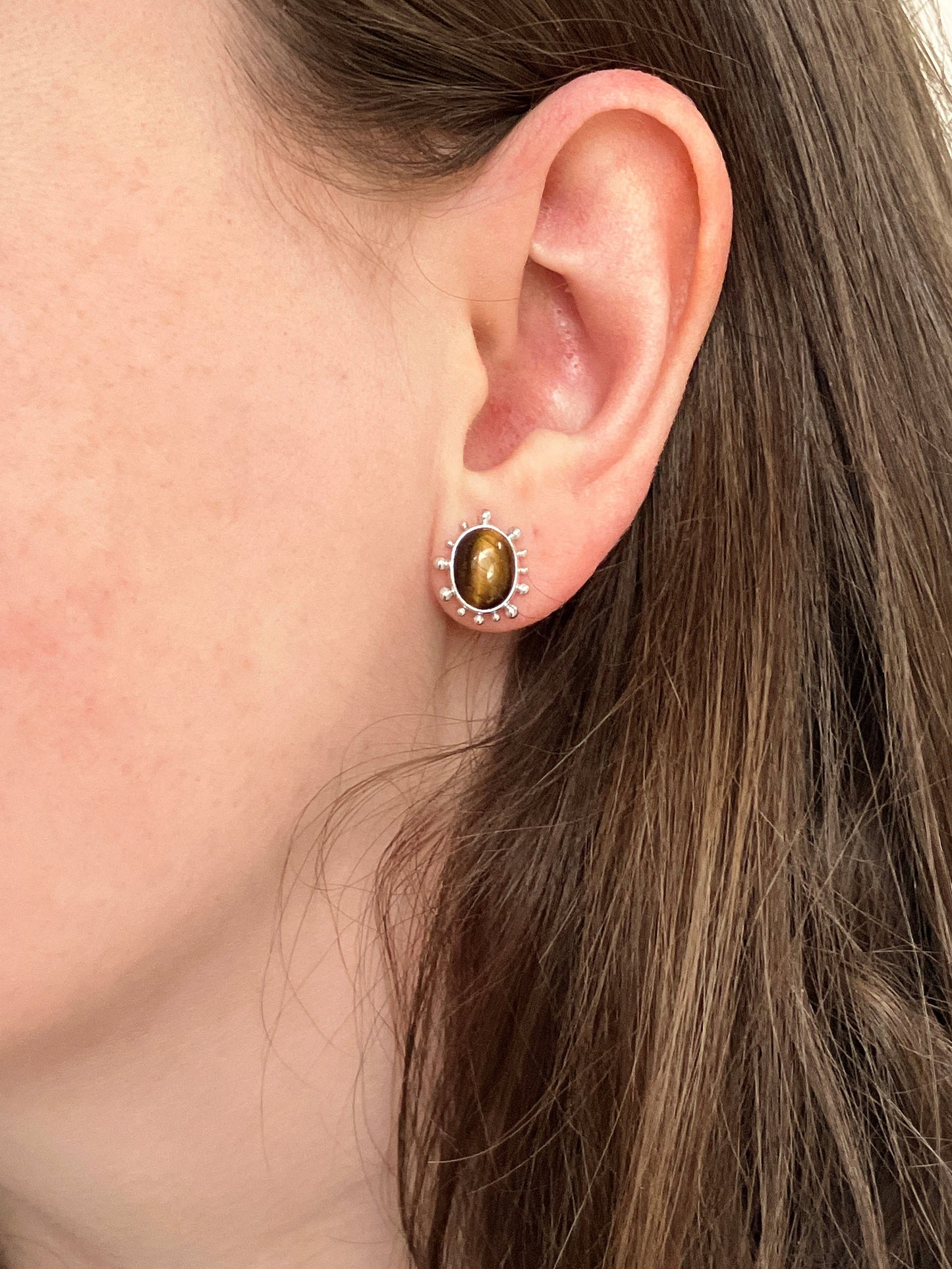 Espresso Martini - Tiger's Eye and Sterling Silver Stud Earrings with Granulation Detail