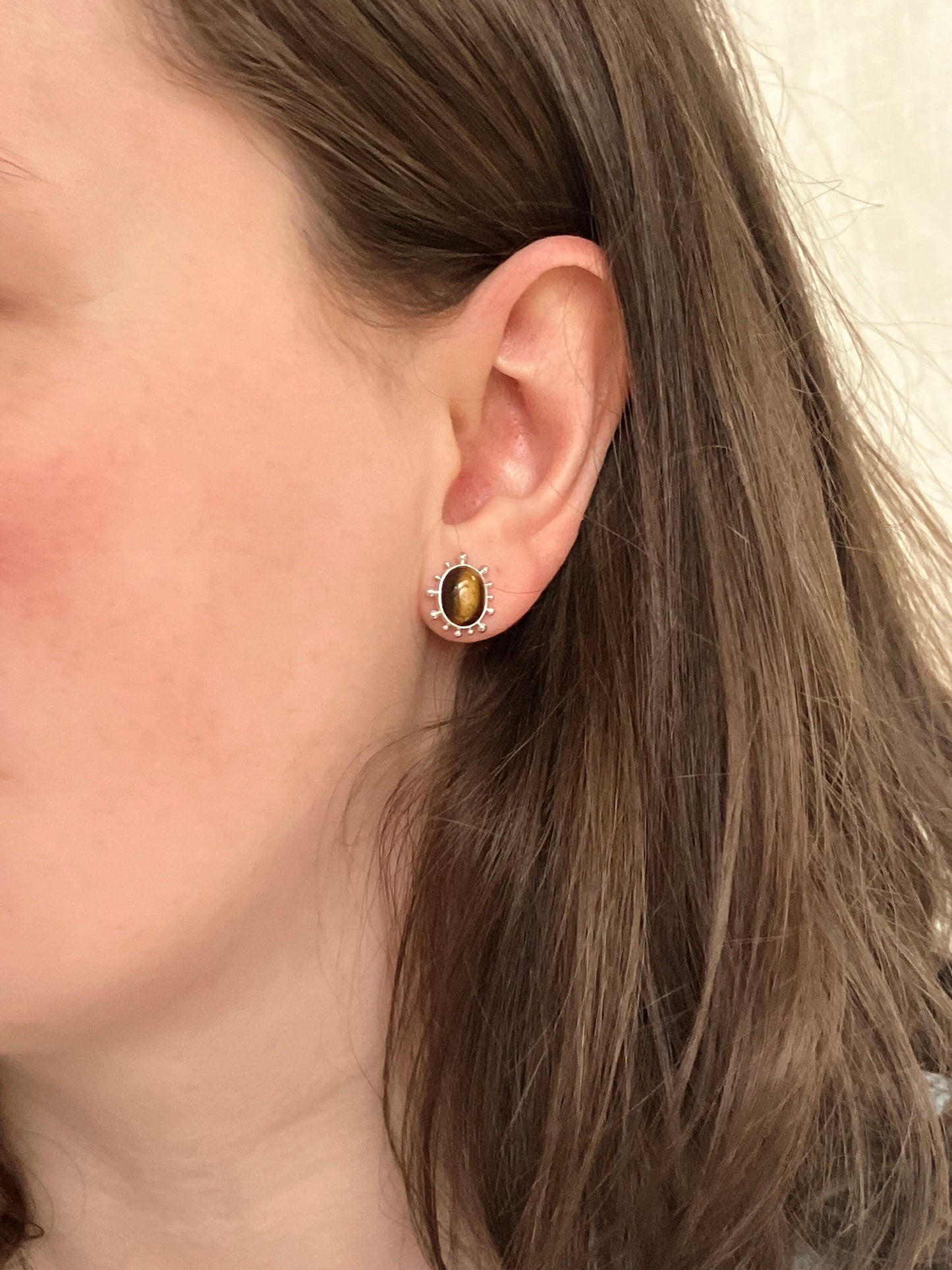 Espresso Martini - Tiger's Eye and Sterling Silver Stud Earrings with Granulation Detail