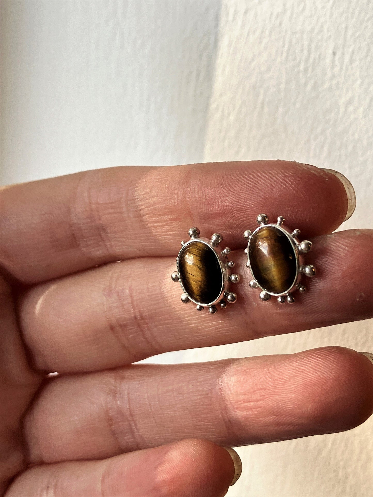Espresso Martini - Tiger's Eye and Sterling Silver Stud Earrings with Granulation Detail