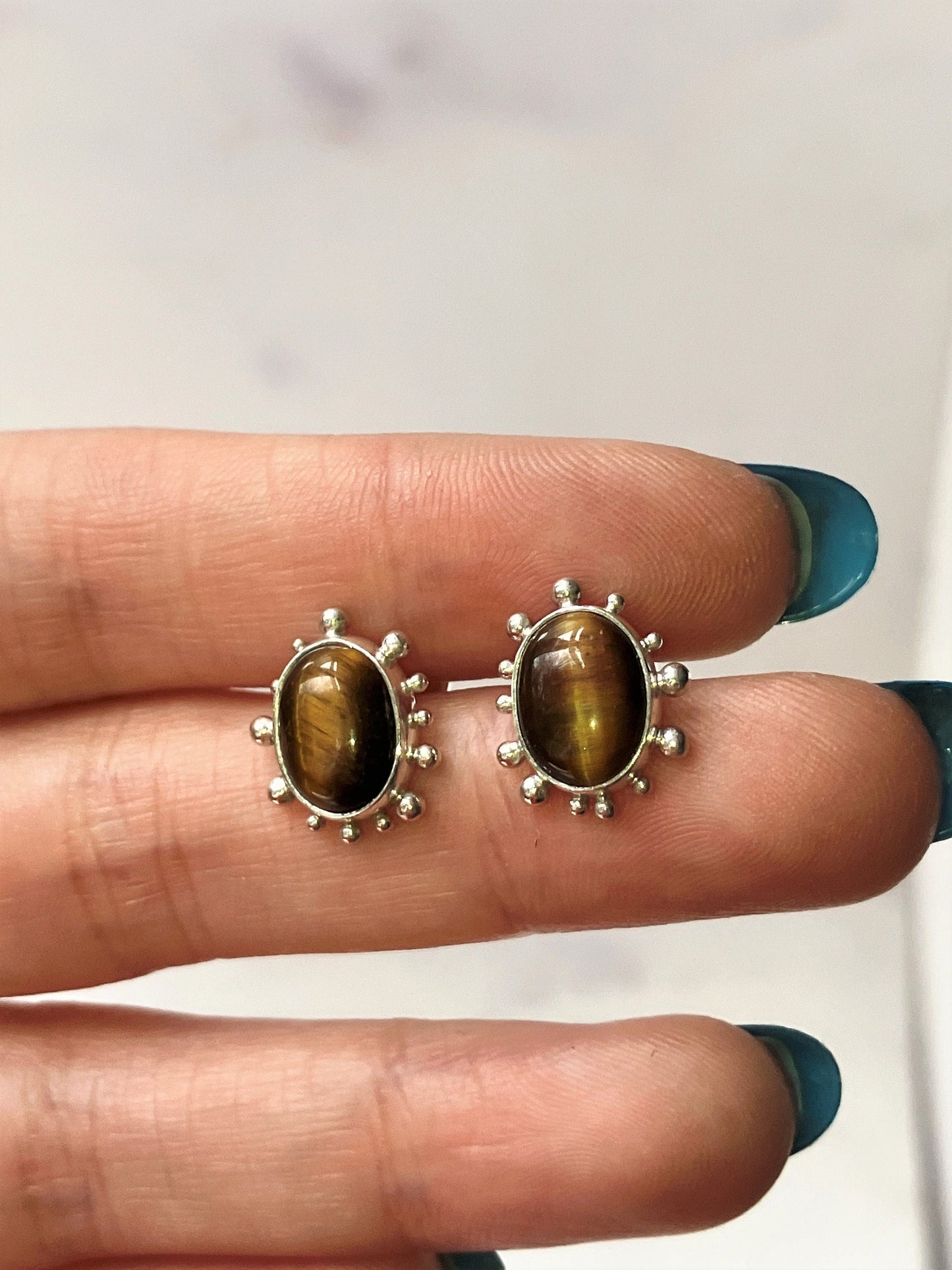 Espresso Martini - Tiger's Eye and Sterling Silver Stud Earrings with Granulation Detail