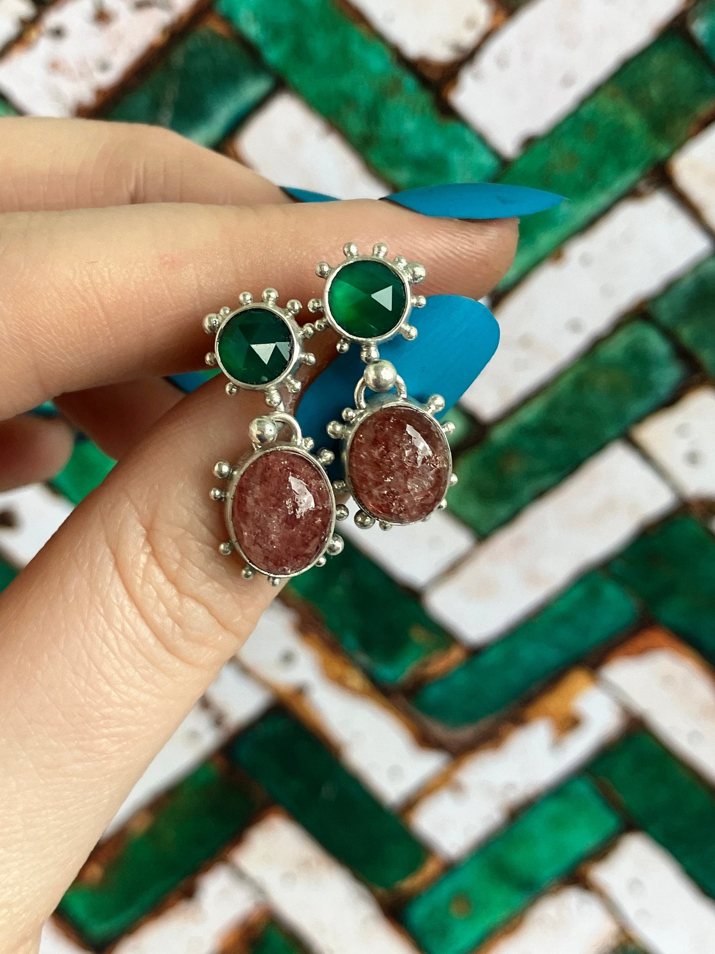 Strawberry Daiquiri Earrings - Green Agate, Strawberry Quartz and Recycled Sterling Silver Stud Dangly Earrings with Granulation