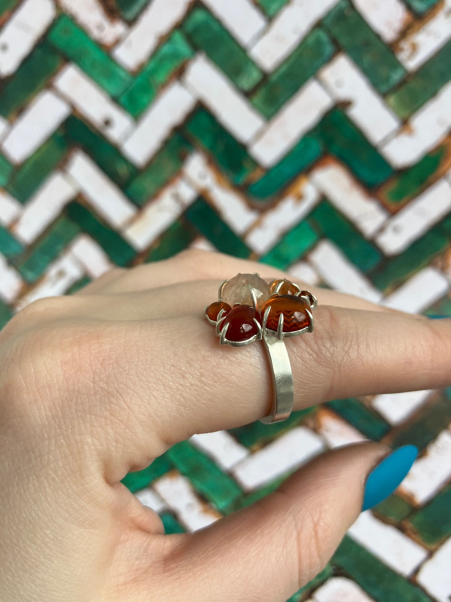 Negroni Ring - Carnelian, Garnet, Amber, Fire Quartz and Sterling Silver Ring - UK Size N