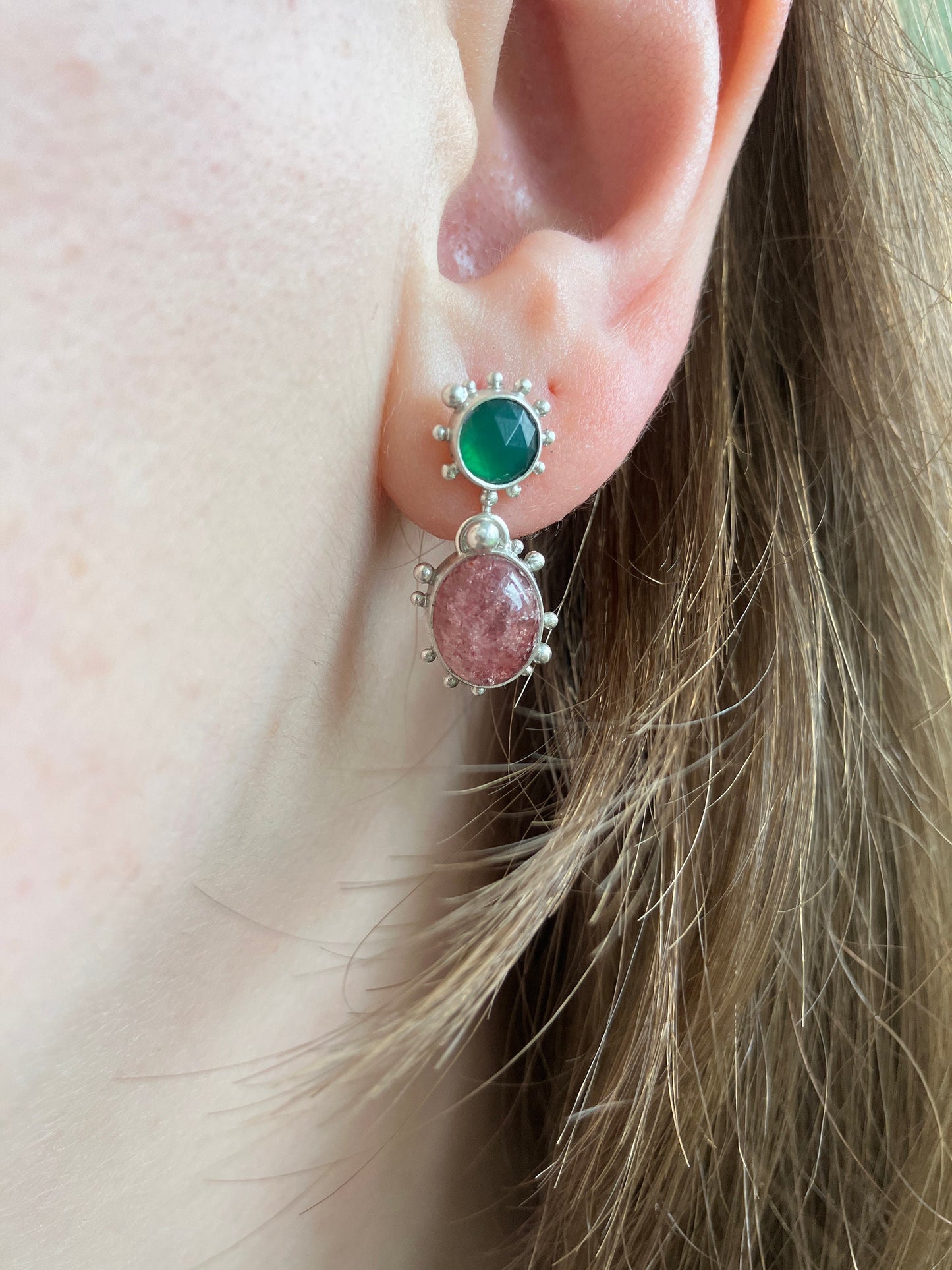 Strawberry Daiquiri Earrings - Green Agate, Strawberry Quartz and Recycled Sterling Silver Stud Dangly Earrings with Granulation