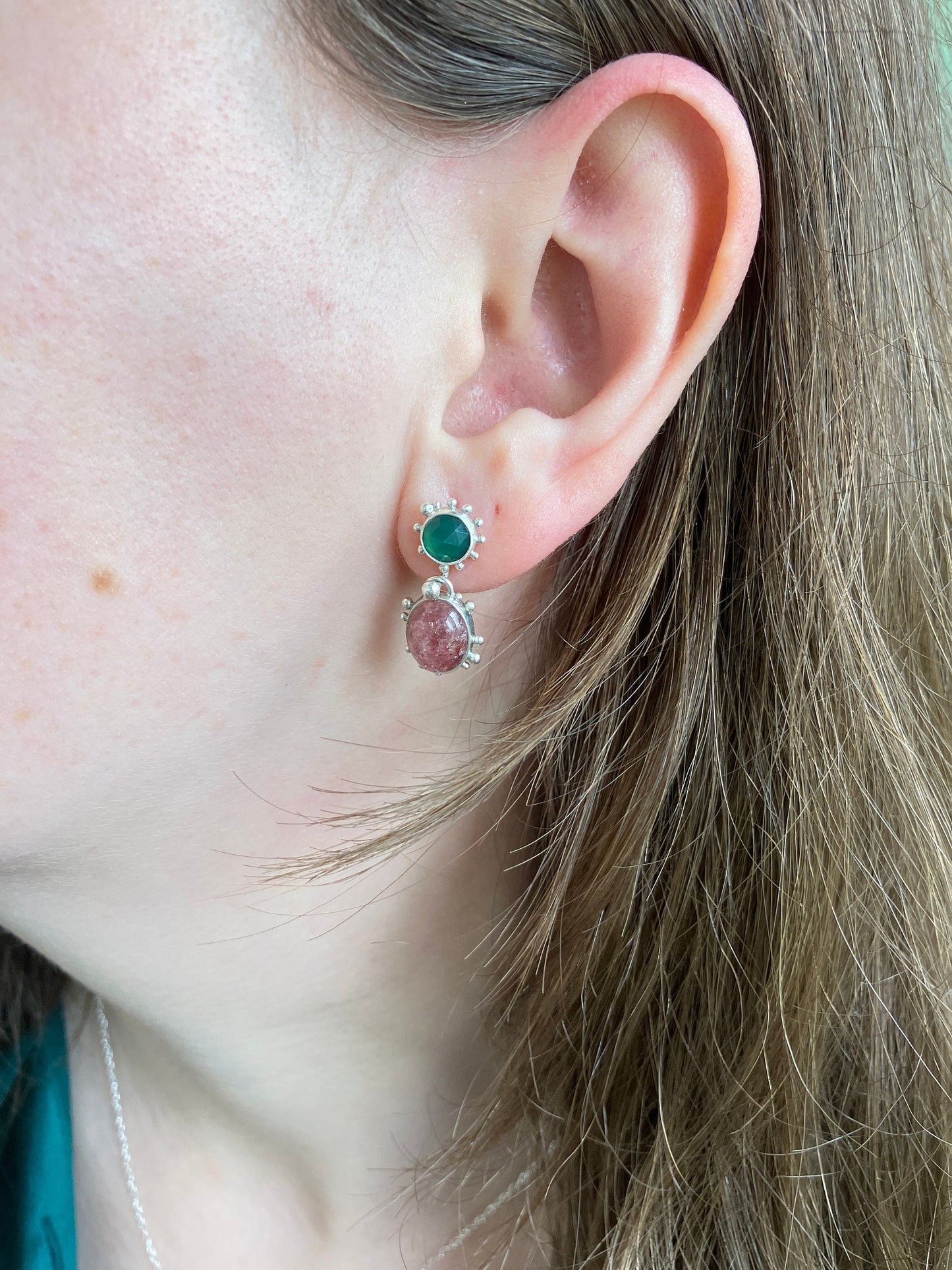 Strawberry Daiquiri Earrings - Green Agate, Strawberry Quartz and Recycled Sterling Silver Stud Dangly Earrings with Granulation