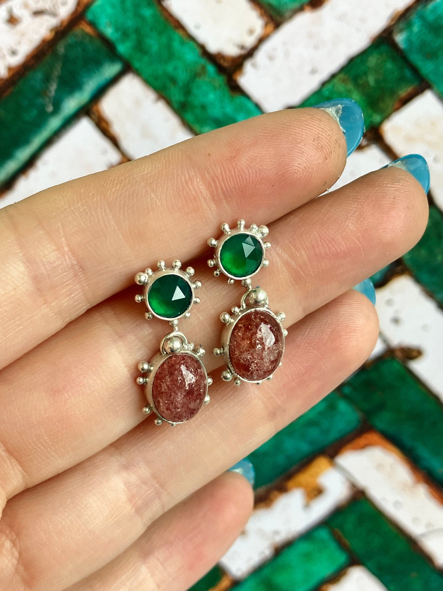 Strawberry Daiquiri Earrings - Green Agate, Strawberry Quartz and Recycled Sterling Silver Stud Dangly Earrings with Granulation