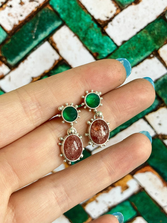 Strawberry Daiquiri Earrings - Green Agate, Strawberry Quartz and Recycled Sterling Silver Stud Dangly Earrings with Granulation