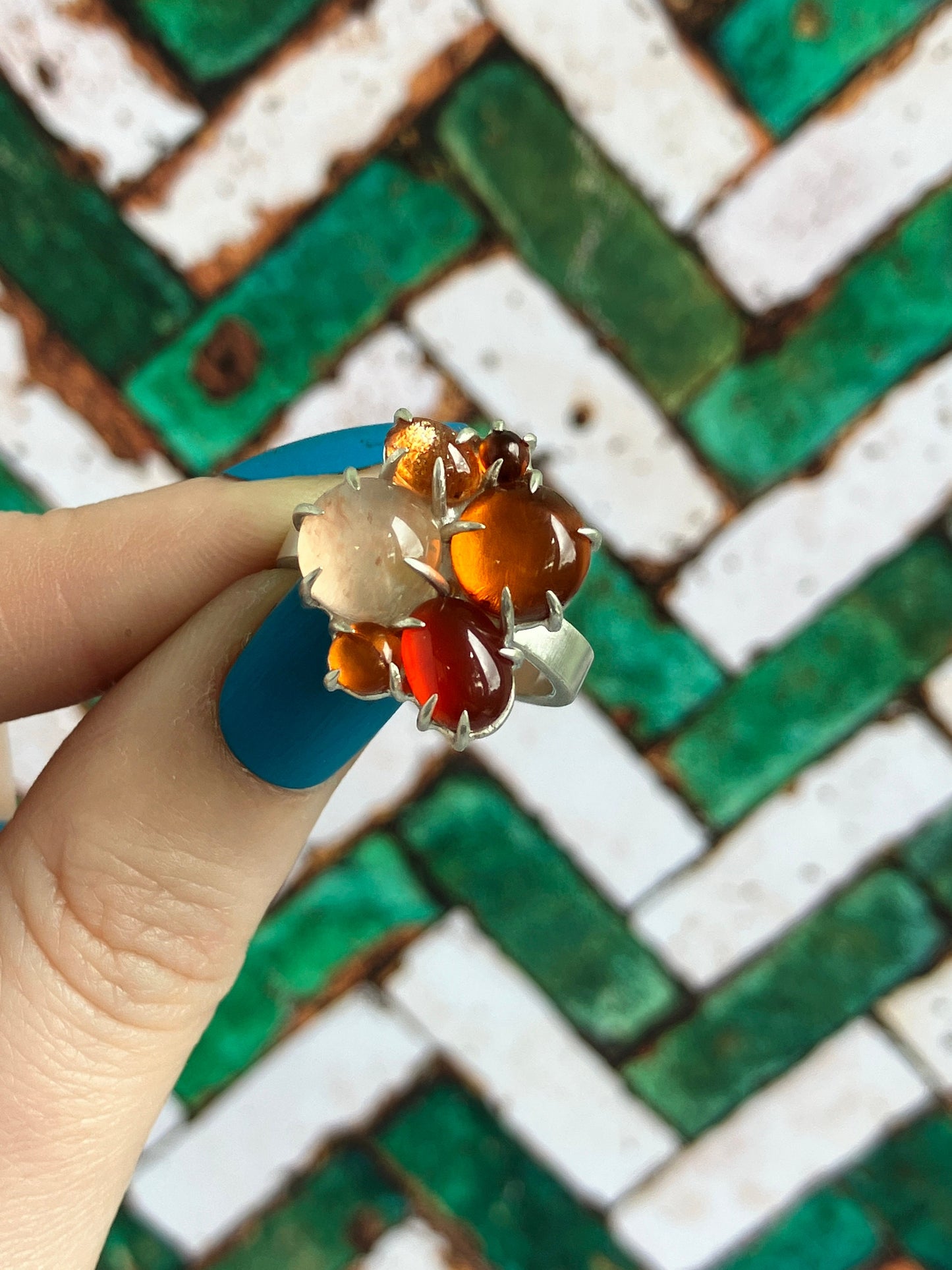 Negroni Ring - Carnelian, Garnet, Amber, Fire Quartz and Sterling Silver Ring - UK Size N