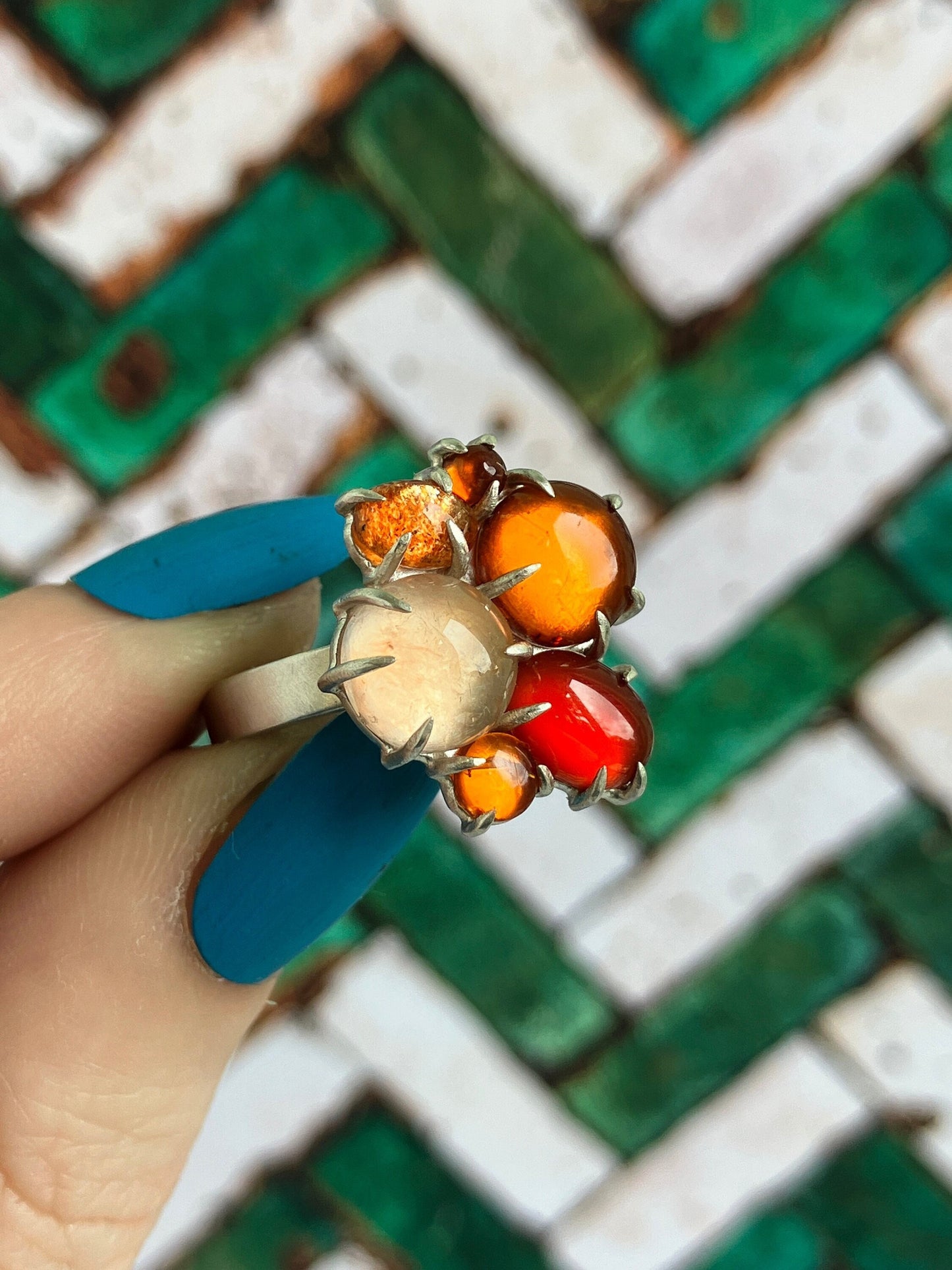 Negroni Ring - Carnelian, Garnet, Amber, Fire Quartz and Sterling Silver Ring - UK Size N