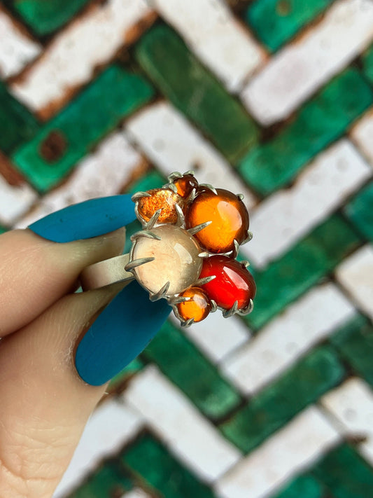 Negroni Ring - Carnelian, Garnet, Amber, Fire Quartz and Sterling Silver Ring - UK Size N