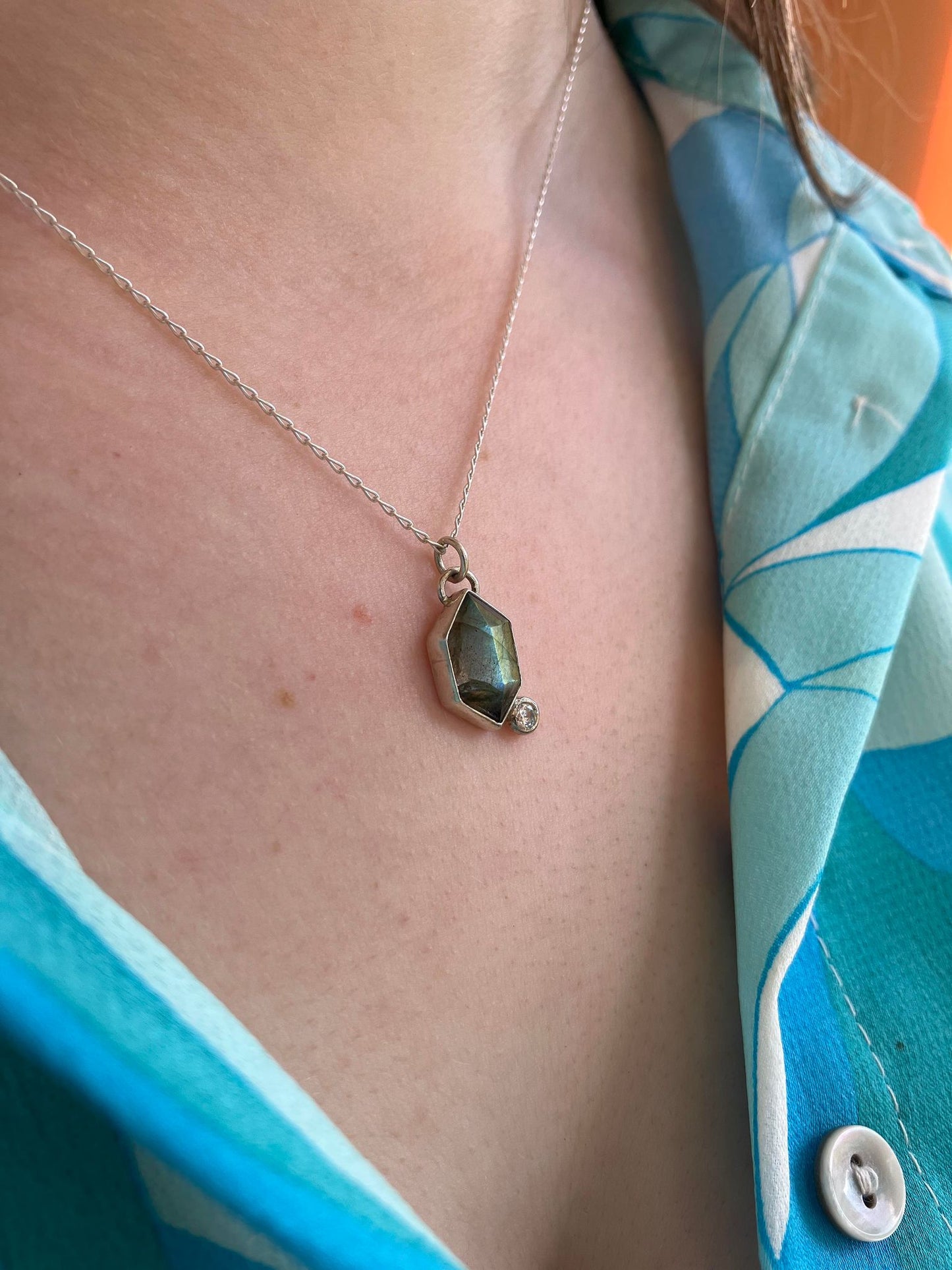 Labradorite, Cubic Zirconia and Sterling Silver Pendant Necklace on Sterling Silver Chain