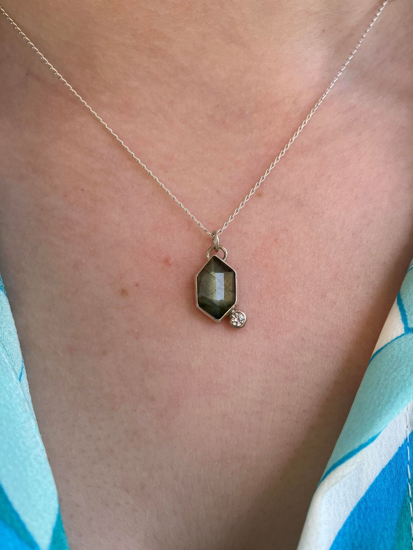 Labradorite, Cubic Zirconia and Sterling Silver Pendant Necklace on Sterling Silver Chain