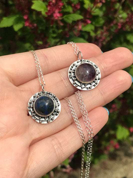 Lapis Lazuli or Fluorite and Sterling Silver Medallion Pendant Necklace with Granulation Detailing