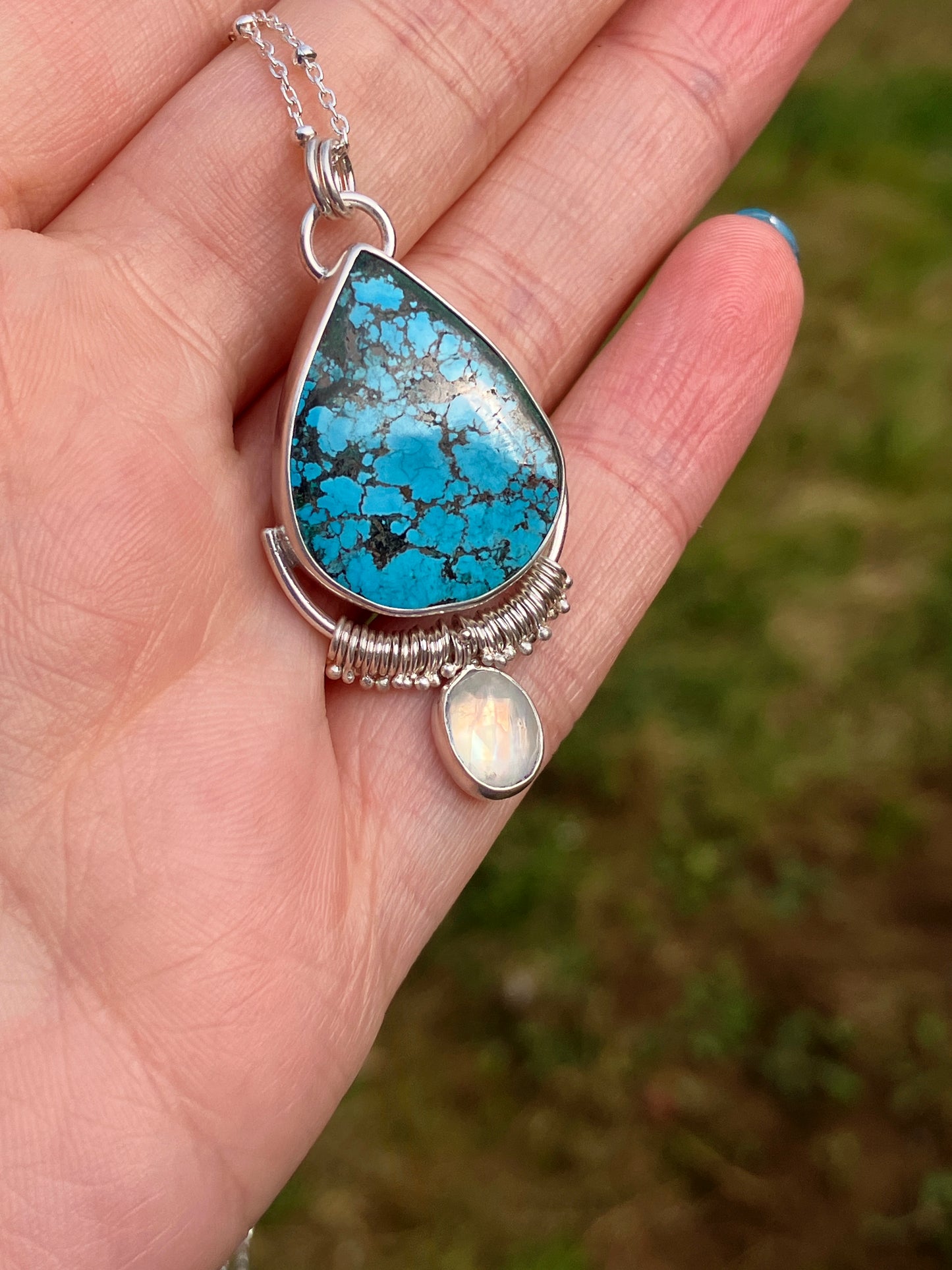 Turquoise, Rainbow Moonstone and Recycled Sterling Silver Statement Pendant Necklace