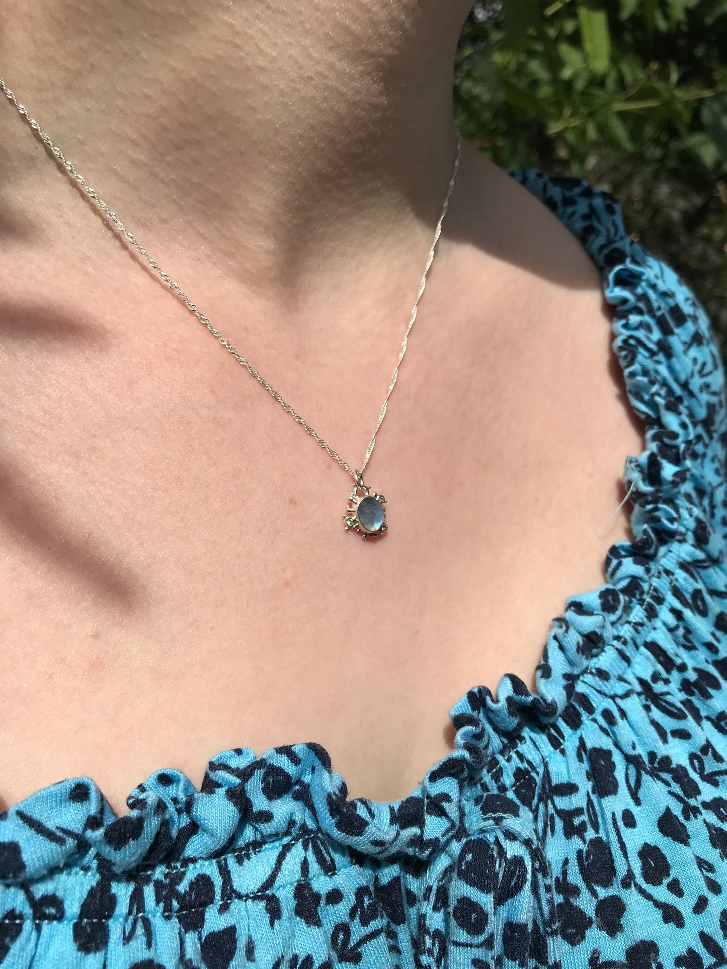 Rainbow Moonstone, White Topaz and Sterling Silver Granulation Pendant Necklace on Twisted Sterling Silver Chain