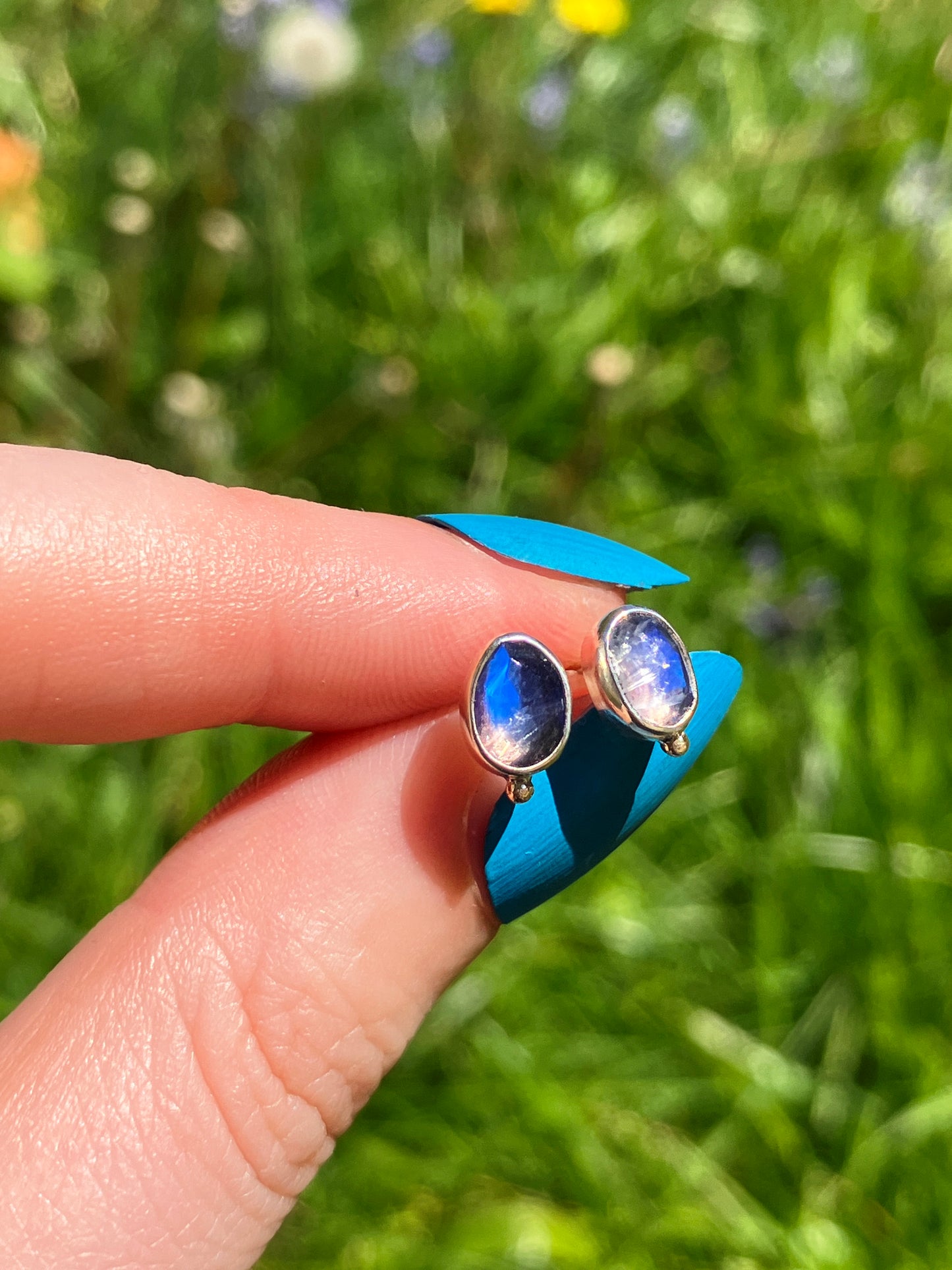 Rainbow Moonstone and Sterling Silver Stud Earrings with 9ct Gold Granulation Detail