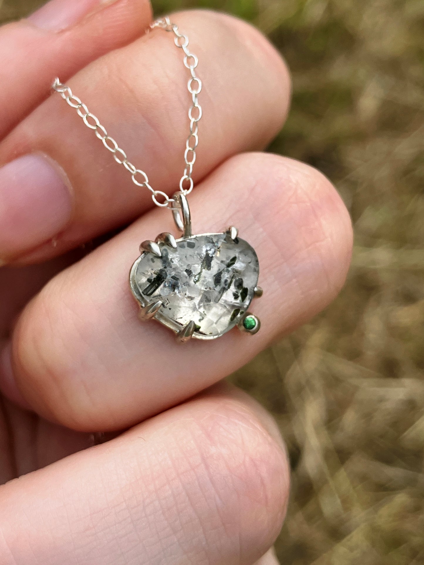 Tourmalinated Quartz, Tsavorite and Sterling Silver Claw Set Pendant on Sterling Silver Chain - Community Design