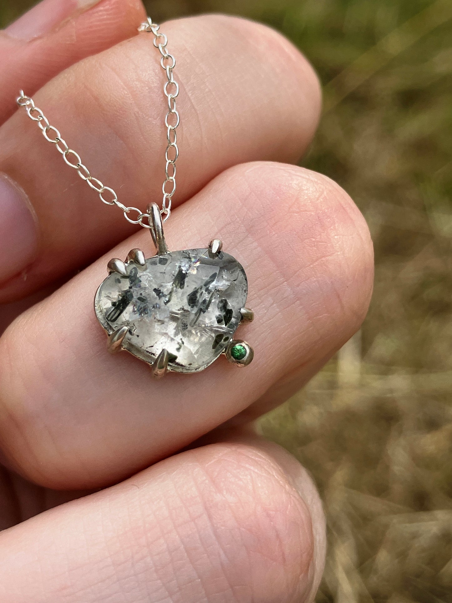 Tourmalinated Quartz, Tsavorite and Sterling Silver Claw Set Pendant on Sterling Silver Chain - Community Design