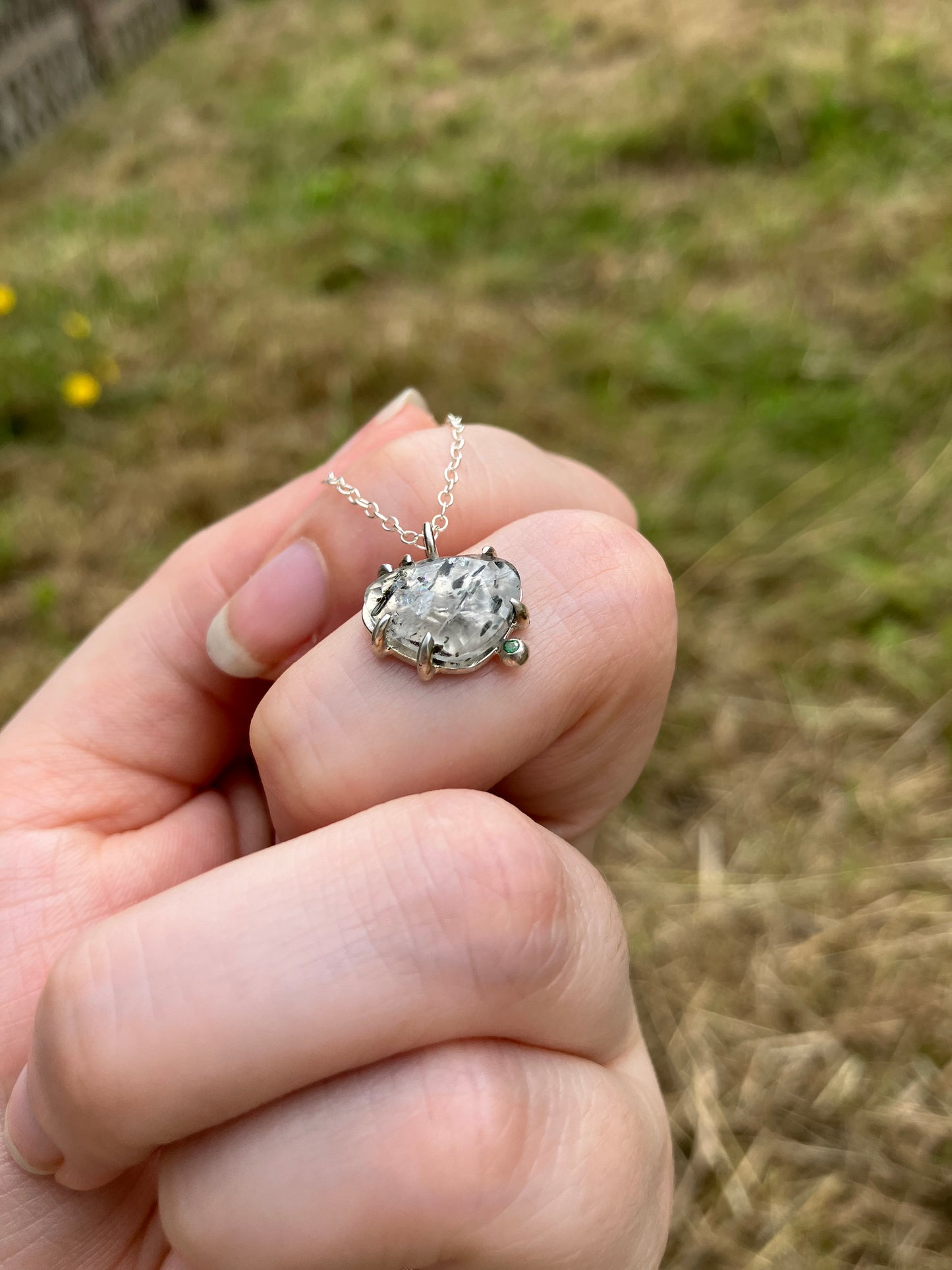 Tourmalinated Quartz, Tsavorite and Sterling Silver Claw Set Pendant on Sterling Silver Chain - Community Design