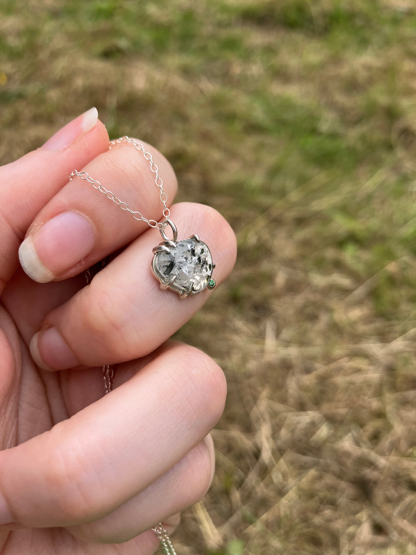 Tourmalinated Quartz, Tsavorite and Sterling Silver Claw Set Pendant on Sterling Silver Chain - Community Design