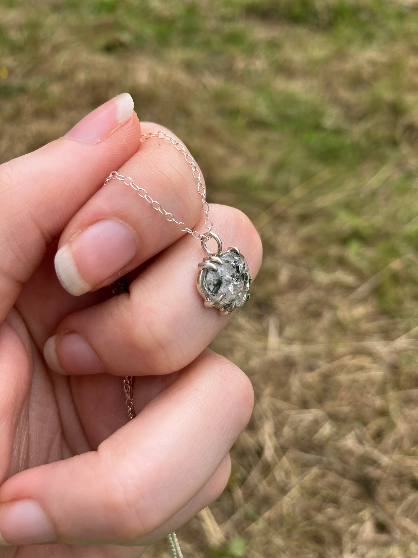 Tourmalinated Quartz, Tsavorite and Sterling Silver Claw Set Pendant on Sterling Silver Chain - Community Design