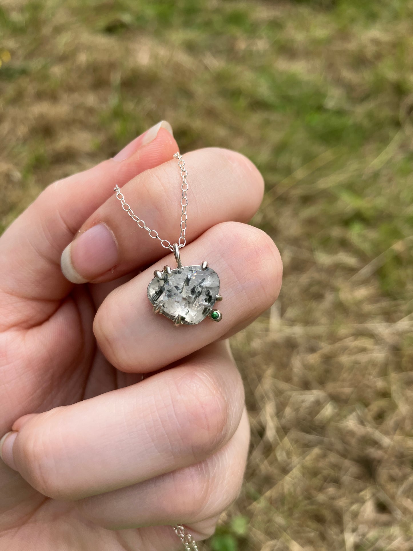 Tourmalinated Quartz, Tsavorite and Sterling Silver Claw Set Pendant on Sterling Silver Chain - Community Design