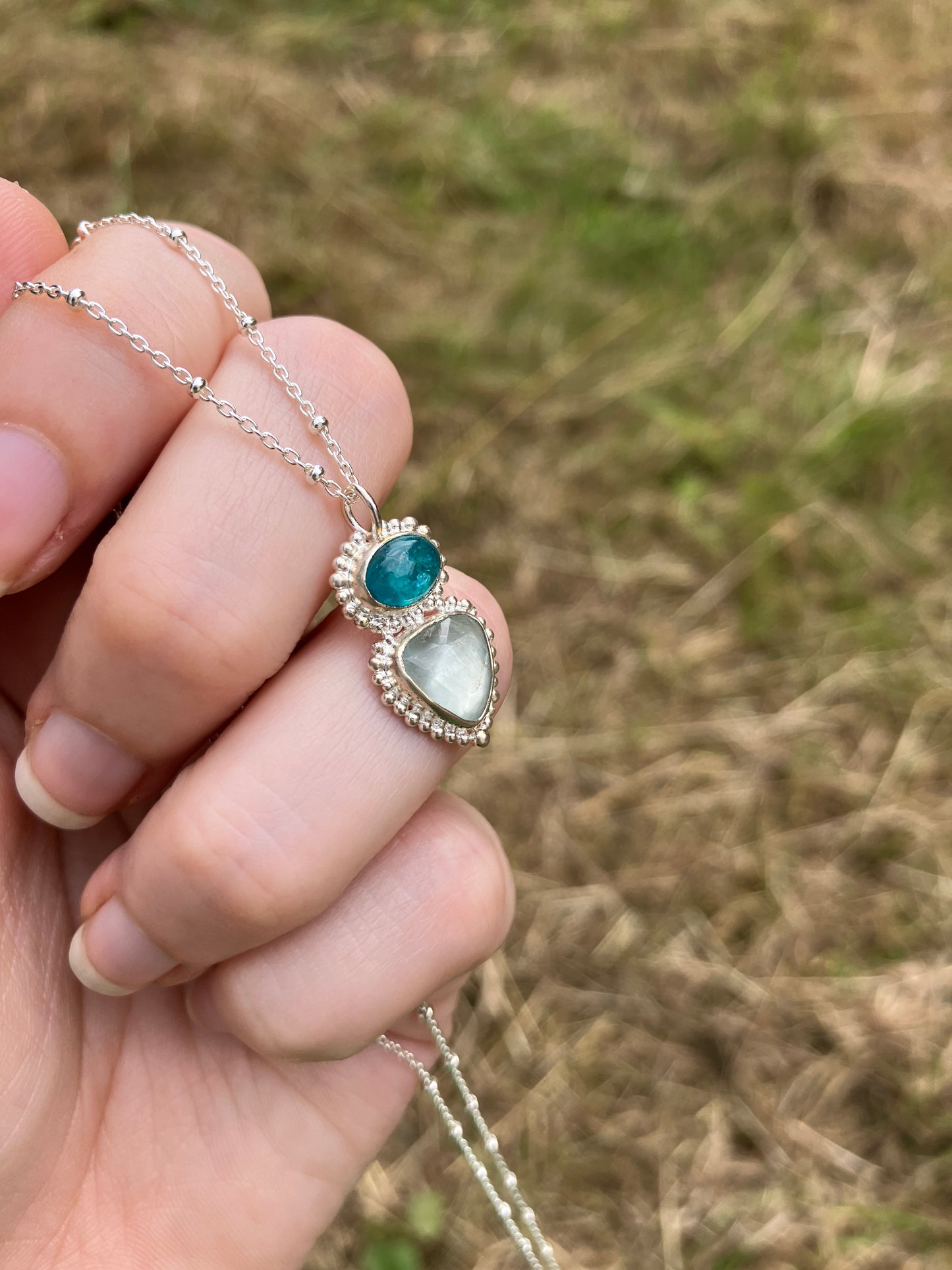 Apatite, Aquamarine and Recycled Sterling Silver Pendant Necklace with Granulation Details on Sterling Silver Chain