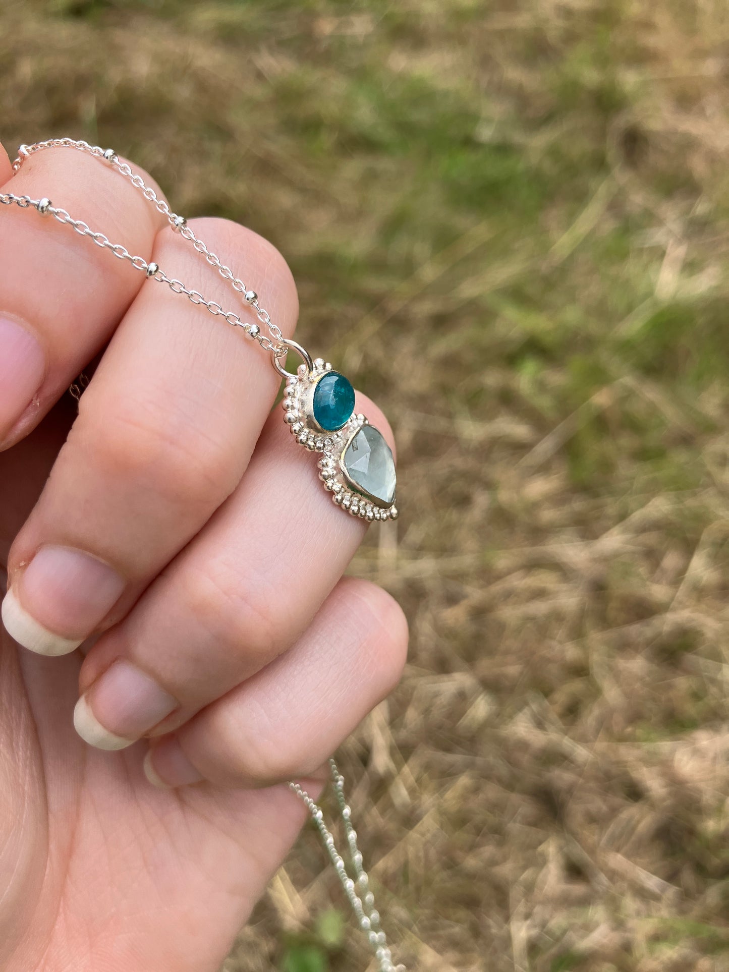 Apatite, Aquamarine and Recycled Sterling Silver Pendant Necklace with Granulation Details on Sterling Silver Chain